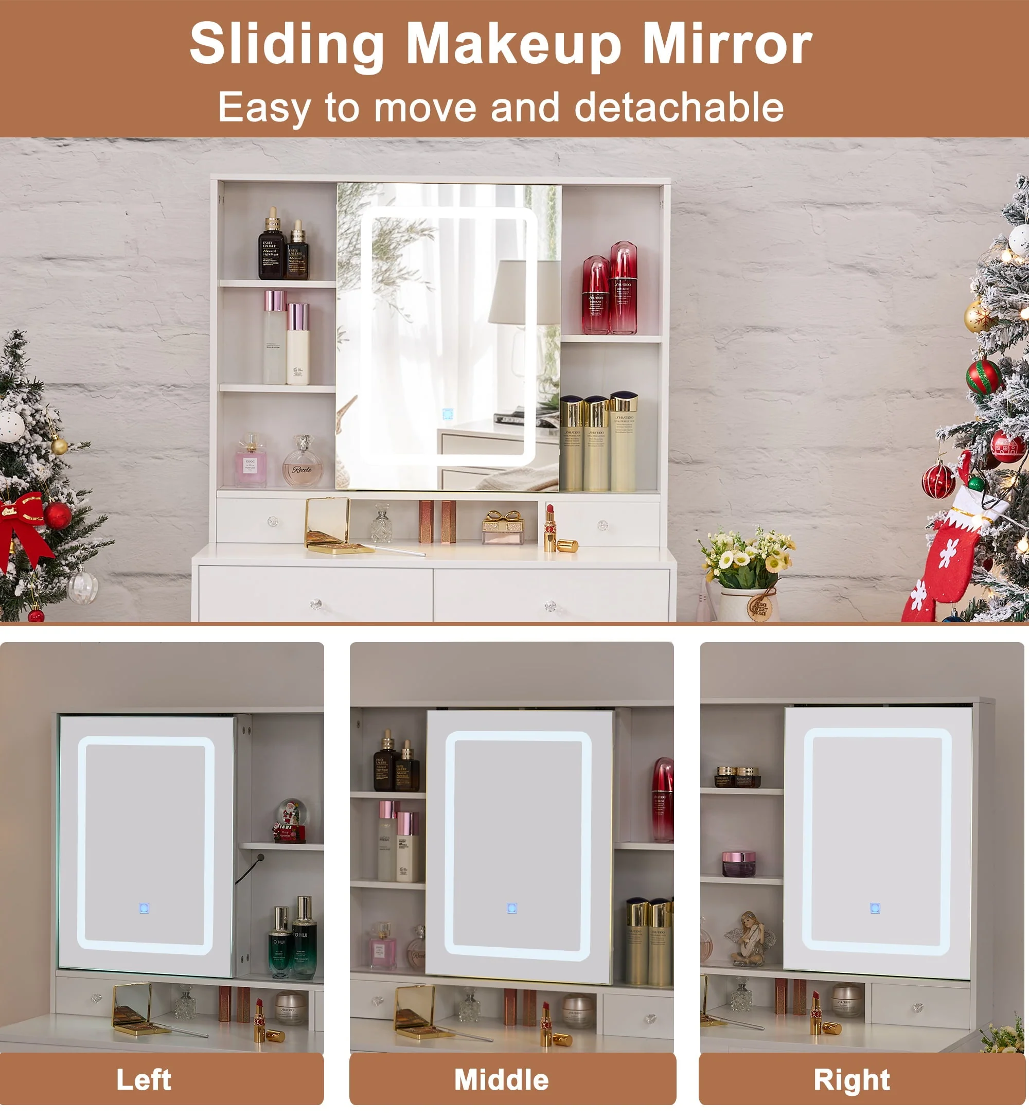 BEWISHOME Vanity Desk, White Vanity with Charging Station & Nightstand, Makeup Desk Makeup Vanity with Lights with 3 Colors Modes, Makeup Table Vanity Table with Sliding Mirror Dressing Table FST19W