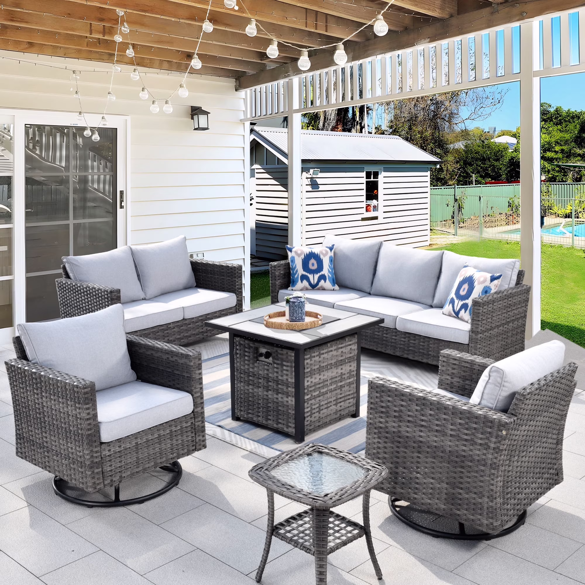Ovios 6 Pieces Outdoor Patio Furniture Set with Gas Propane Fire Pit Table Wicker Outdoor Conversation Set with Swivel Rocking Chair for Backyard, Cushion Beige