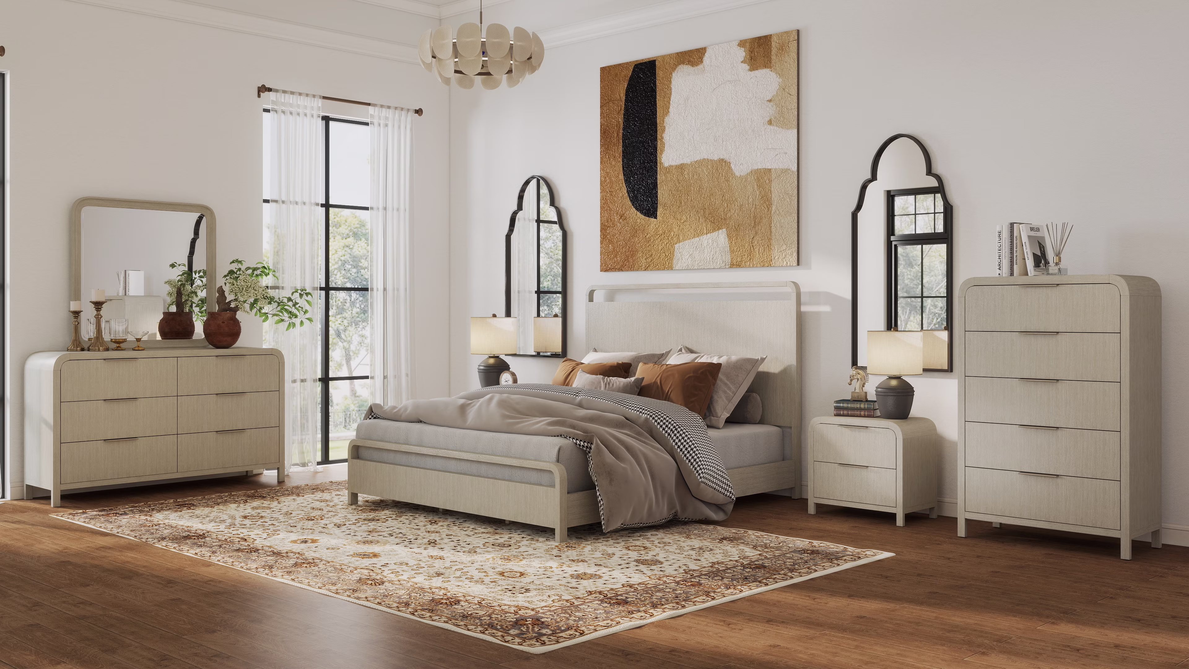Roundhill Furniture Tavari 6-Piece Bedroom Set with Panel Bed, Dresser, Mirror, Two Nightstands, and Chest in Light Gray, King Size
