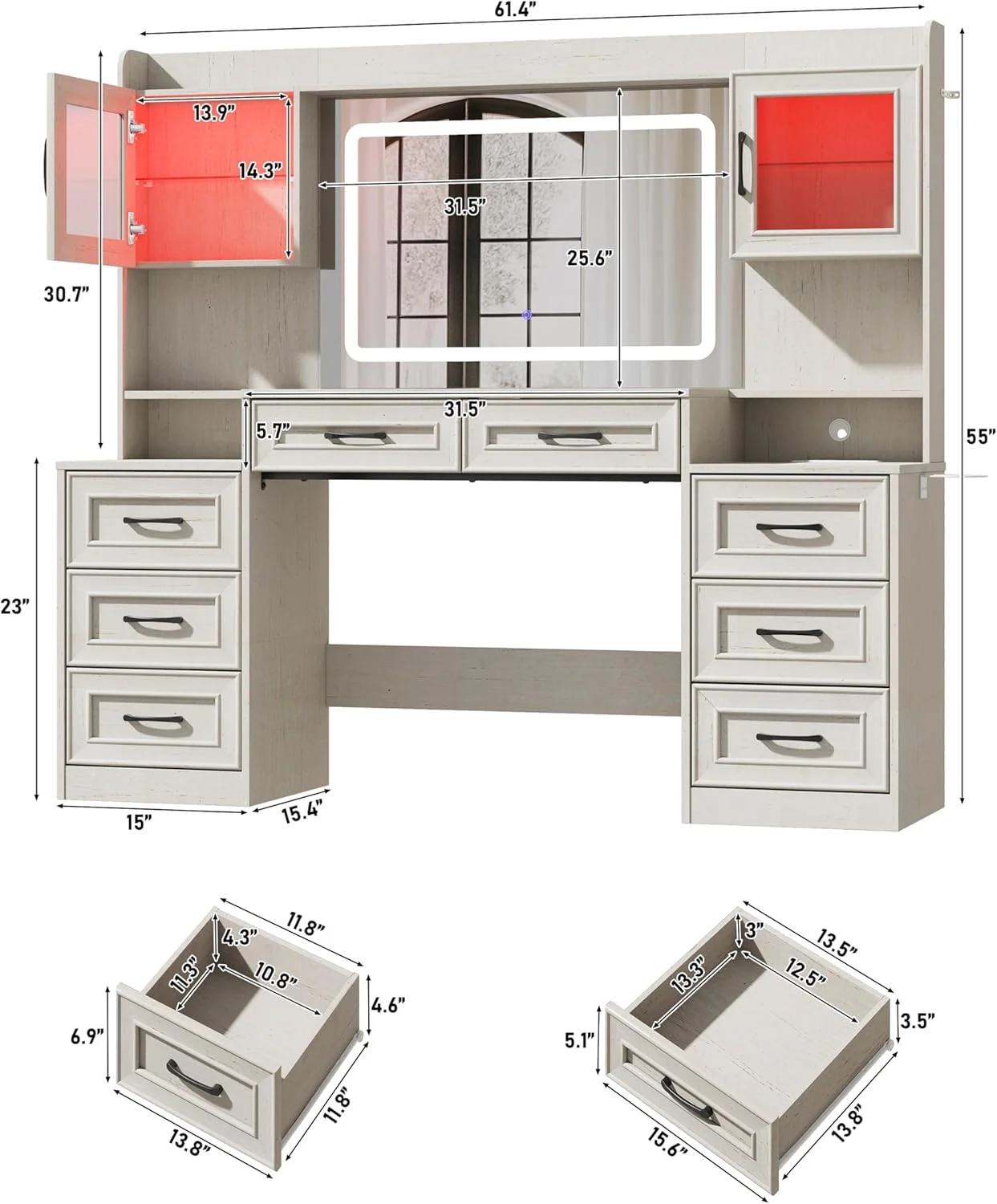 ChVans 62'' Large Vanity Desk with Tempered Glass Top & Charging Station, Farmhouse Makeup Vanity with 8 Storage Drawers & 2 LED Glass Storage Cabinets & 3 Lights Mode LED Mirror for Women Gift