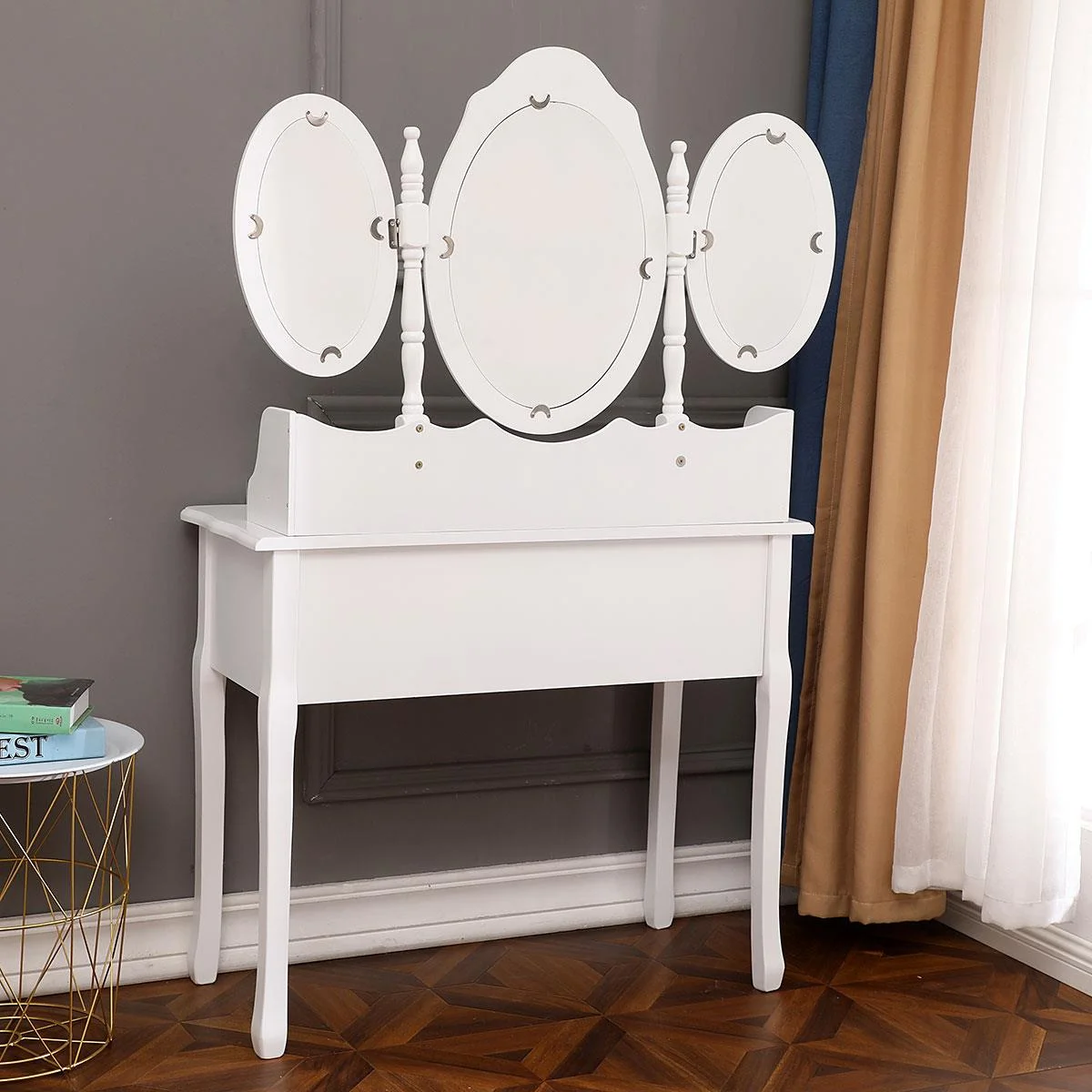 Ktaxon Vanity Set,Flip-top Mirror Dressing Table Makeup Vanity Table Writing Desk with 2 Drawers and Stool, White