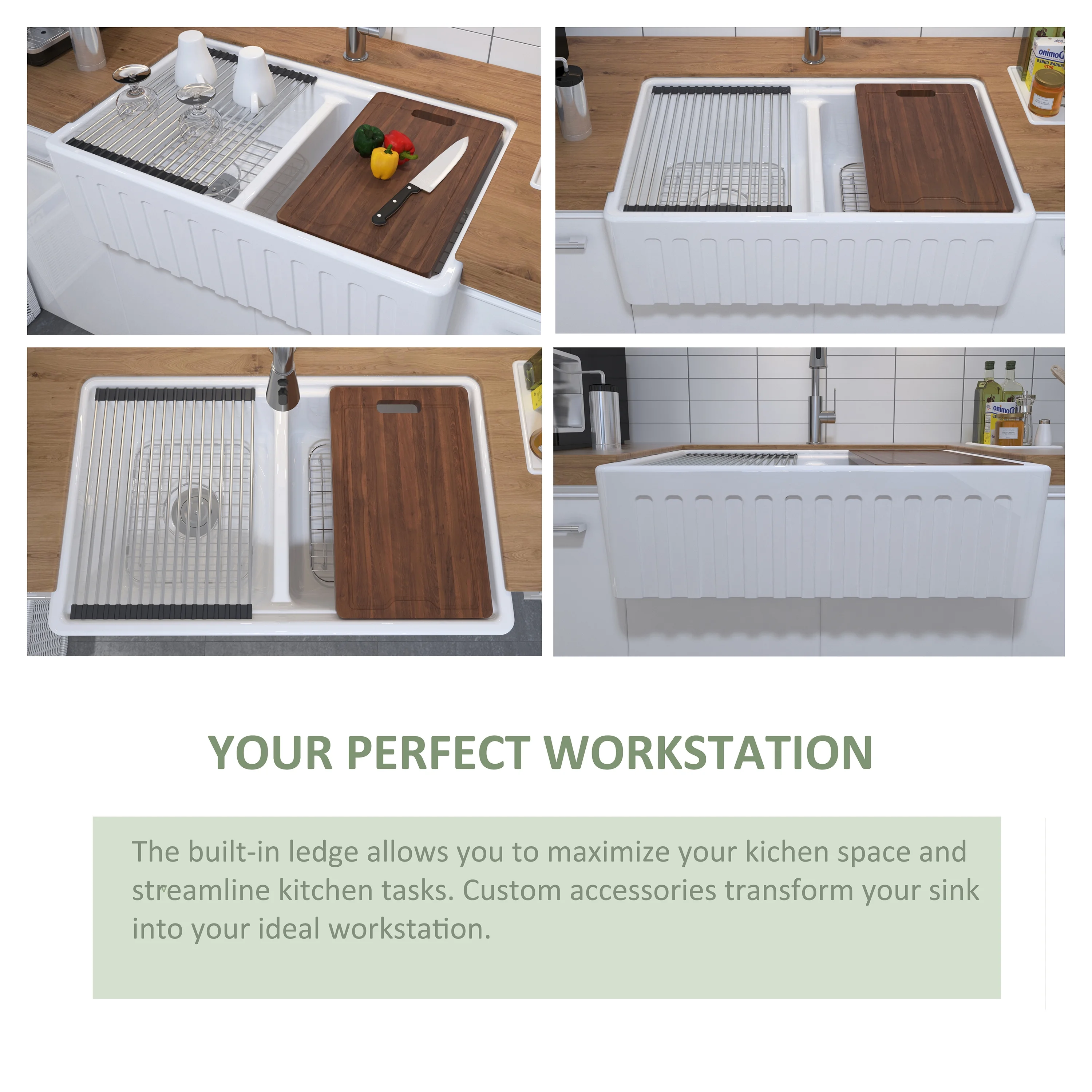 MEJE #KS3320 33x20 inch 50/50 Double Bowl , Ceramic Apron-front Step Rim Workstation Farmhouse Kitchen Sink , with Cutting Board ,Grid & Strainer - White