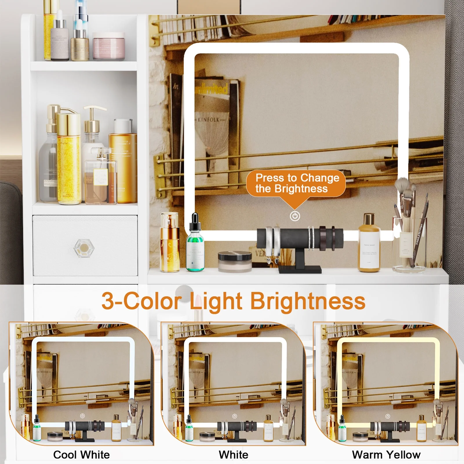 Satifur White Vanity Desk Set with Mirror and Lights, Makeup Table with Charging Station, Comfortable Bench, Big Vanity with 3 Storage Compartments, 39.4in
