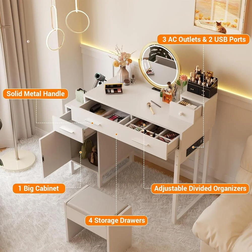 Vanity Desk With 4 Drawers and Cabinet, Makeup Vanity Table With Charge Station Socket, Small Space Makeup Bedside Cupboard, Gift for Her Choice, Suit for Apartment/Dorm/Bedroom, Cute Pink