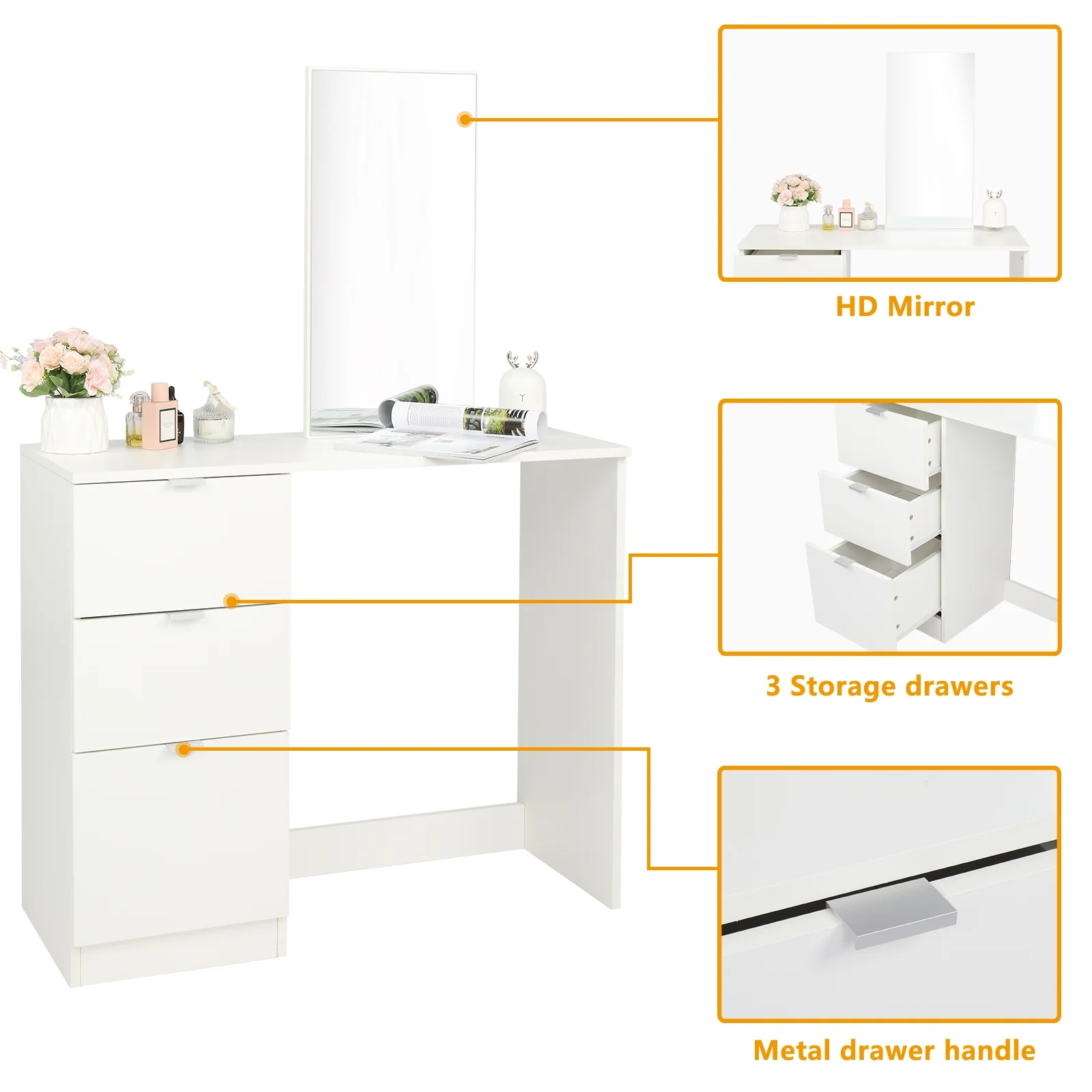 Ktaxon Vanity Set with 3 Color Lighted Mirror, Makeup Table with 6 Drawers, Dressing Table Makeup Desk with Stool,White