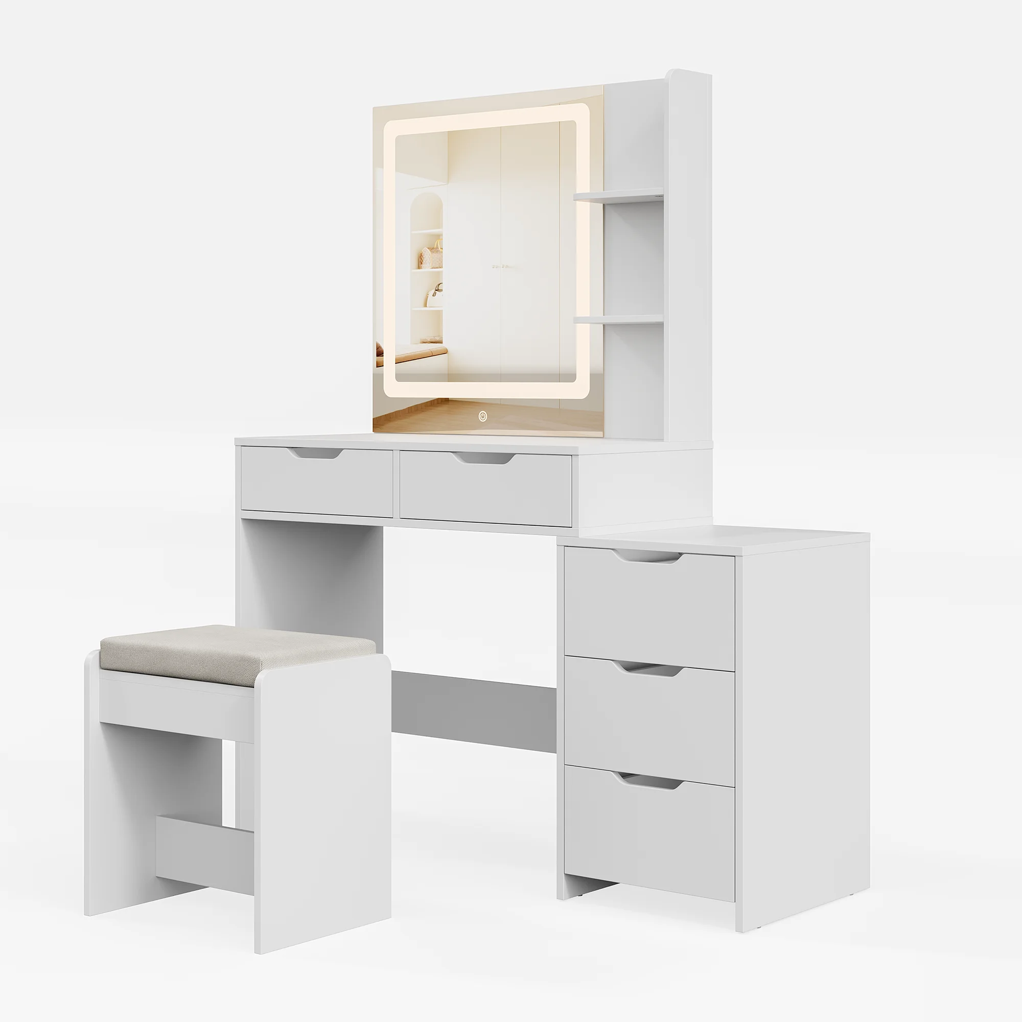 Asofer Vanity Desk with Mirror and Adjustable Light, White Makeup Vanity Set with 5 Drawers for Bedroom, Dressing Room