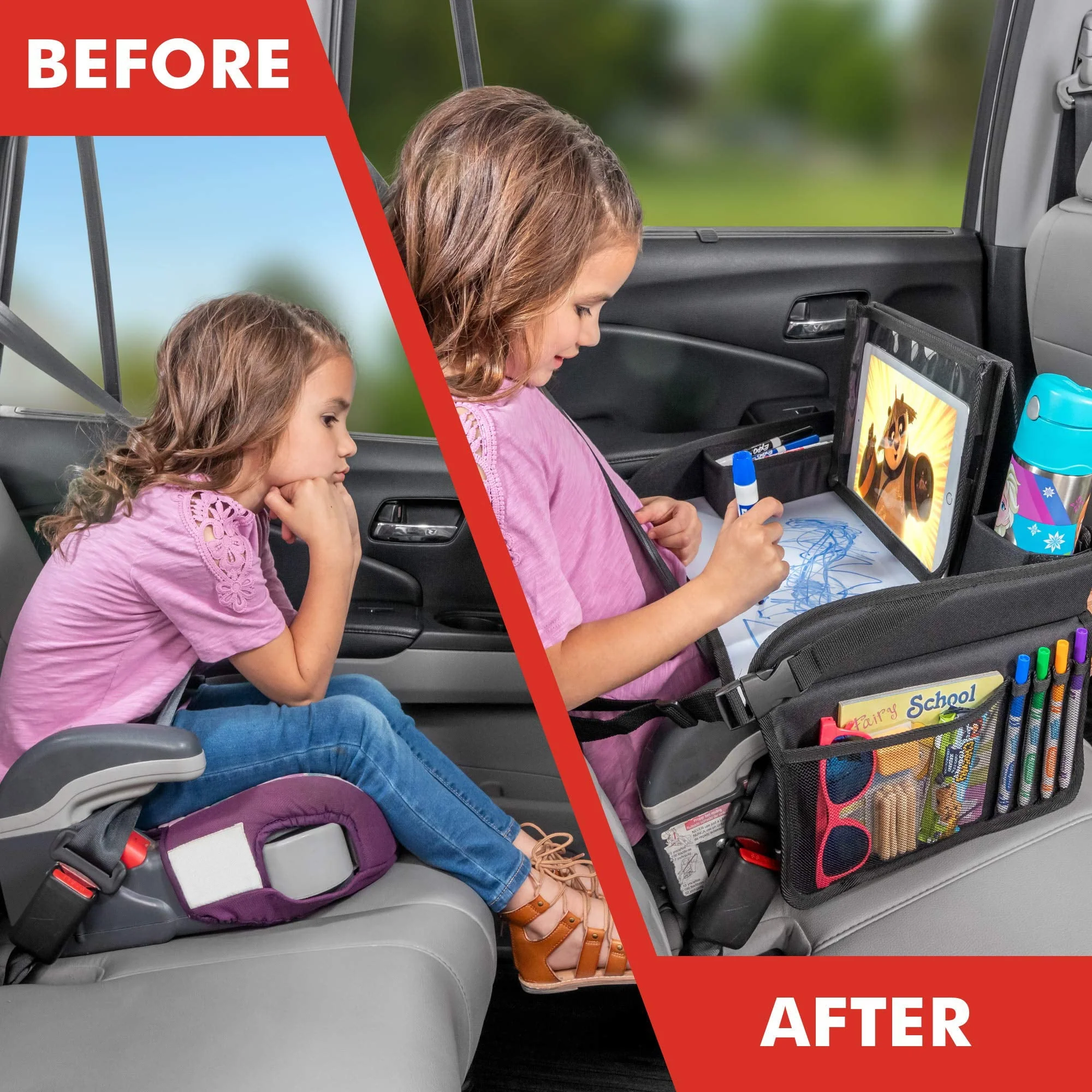 Lusso Gear Kids Travel Tray with Dry Erase Board, Road Trip Essentials Kids, No-Drop Tablet Holder, Lap Desk, Cup Holder, Toddler Toy Storage, Fits Airplane and Booster Seat (Unicorn)