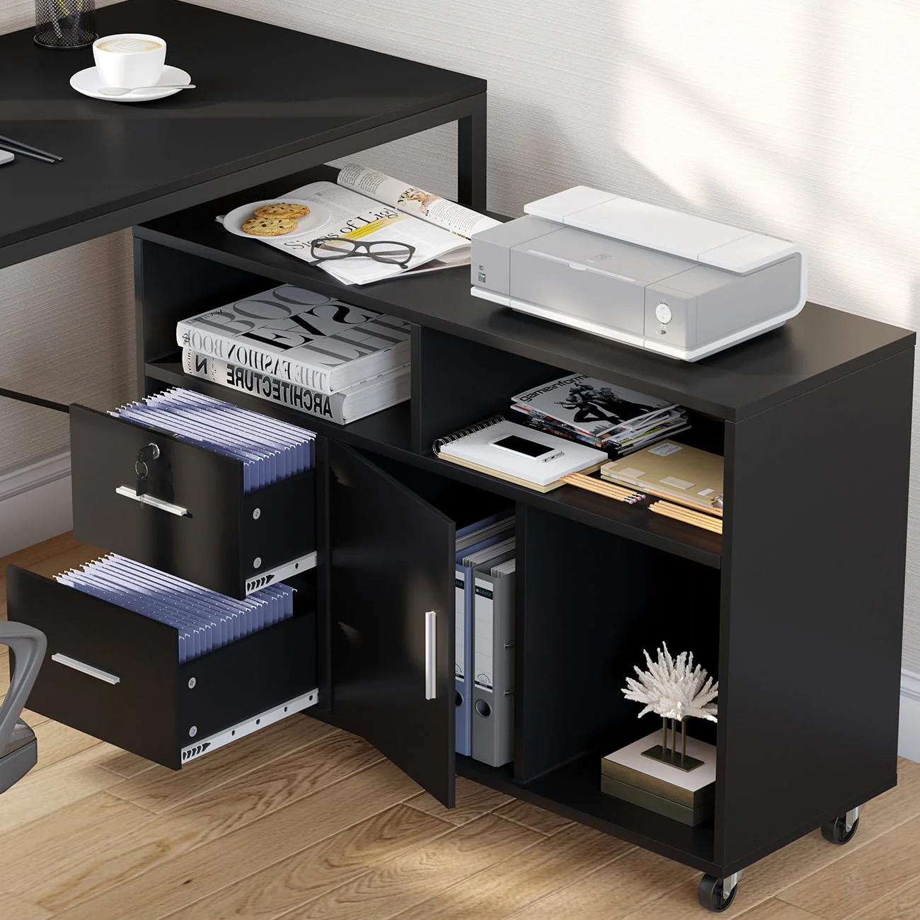 Dextrus 2 Drawer Wood File Cabinet, Mobile Lateral Filing Cabinet with Lock, Printer Stand with Open Storage Shelves for Home Office, Drawers Without Hanging Bars, Black