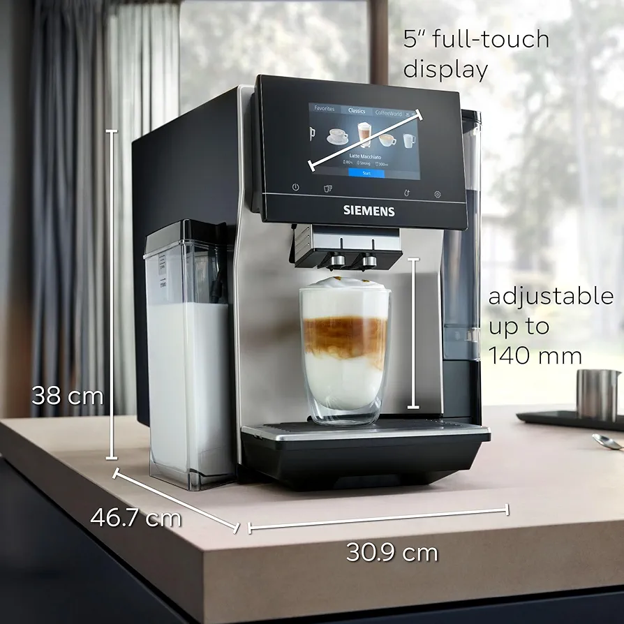 SIEMENS EQ700 Fully Automatic Bean to Cup Coffee Machine with iSelect Display, coffeeWorld, Cold Brew and Slow Brew Function, Integrated Milk Container, Home Connect, Stainless Steel Black, TQ717GB3