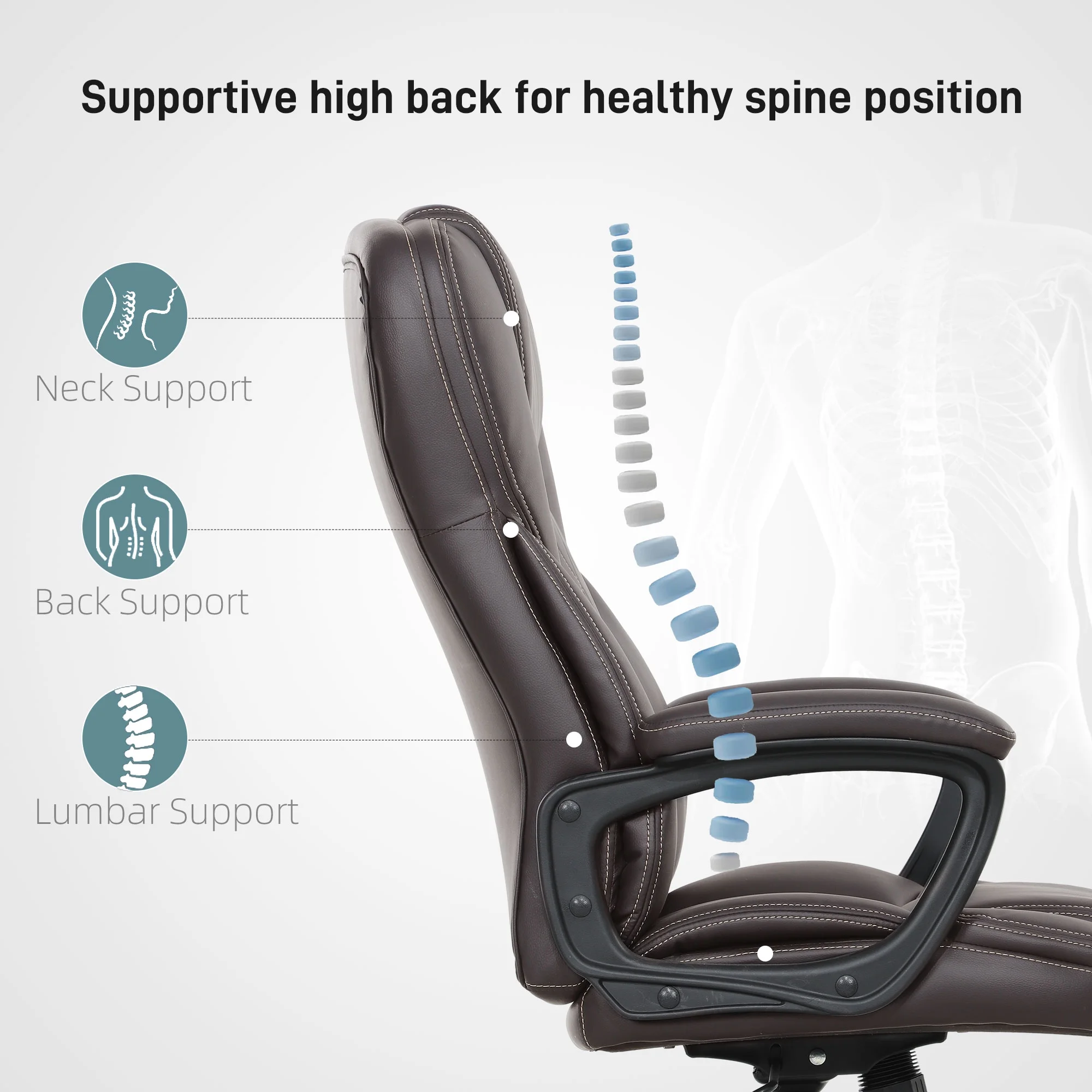 HOMCOM High Back Executive Office Chair, PU Leather Computer Desk Chair with Adjustable Height, Padded Armrests and Swivel Wheels, Black