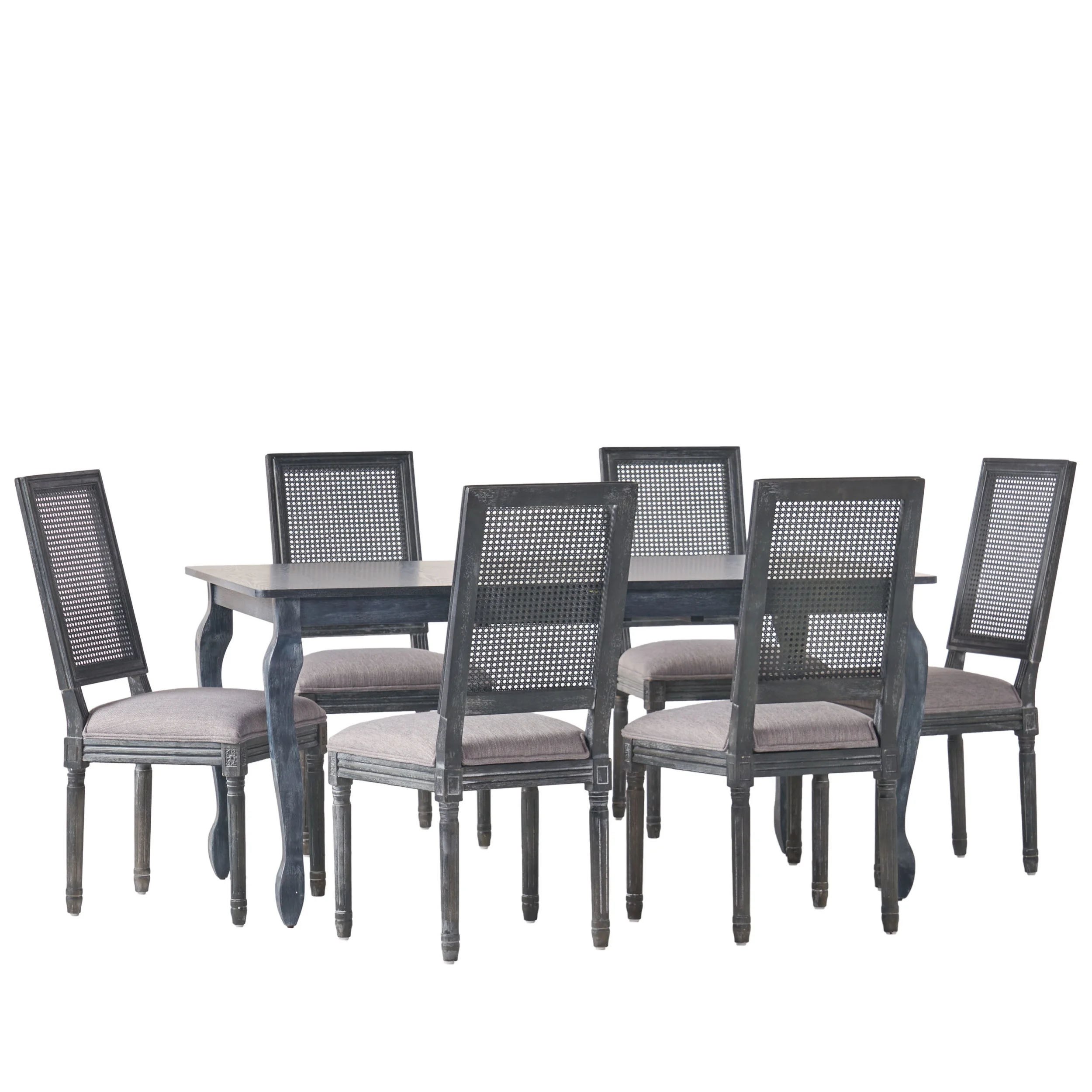 Noble House Fescue Fabric Upholstered Wood and Cane Expandable 7 Piece Dining Set, Gray and Black
