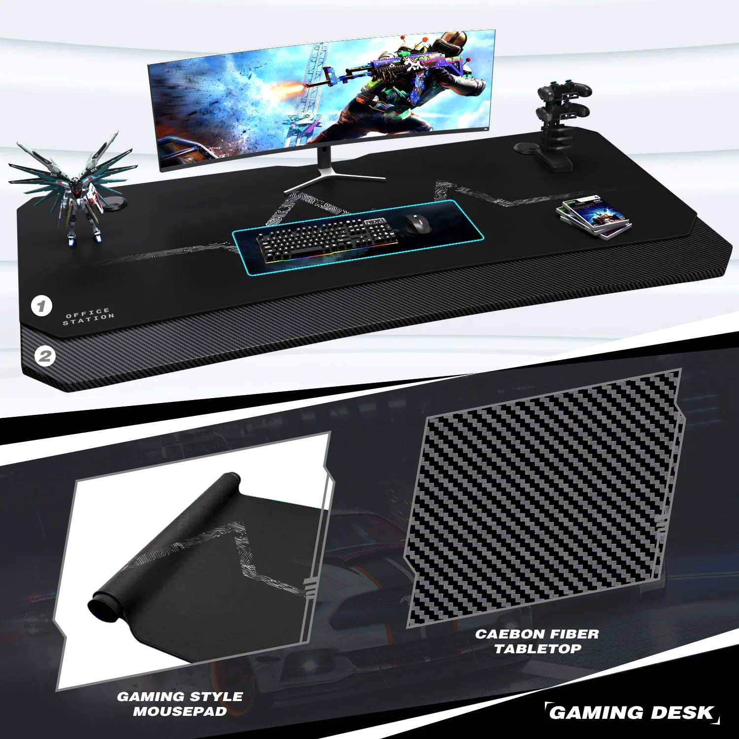 Homall 55 Inch Gaming Desk Y-Shaped PC Computer Gaming Office Desk with Mouse Pad Home Office Study Carbon Fiber Surface Gamer Workstation With Cup Holder and Headphone Hook, Black