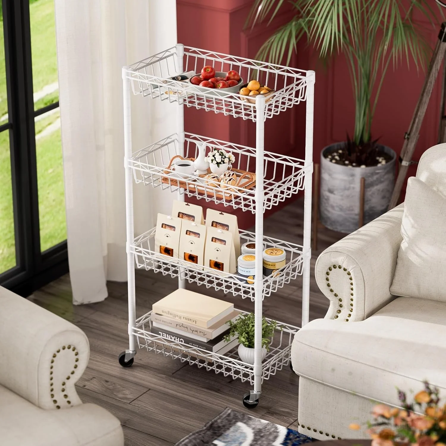 6 Tier Wire Shelving Unit with Wheels Baskets Storage Rack Corner Shelves Adjustable Shelf Closet Bathroom Organizers Metal Pantry Kitchen Garage Laundry Room 13.5