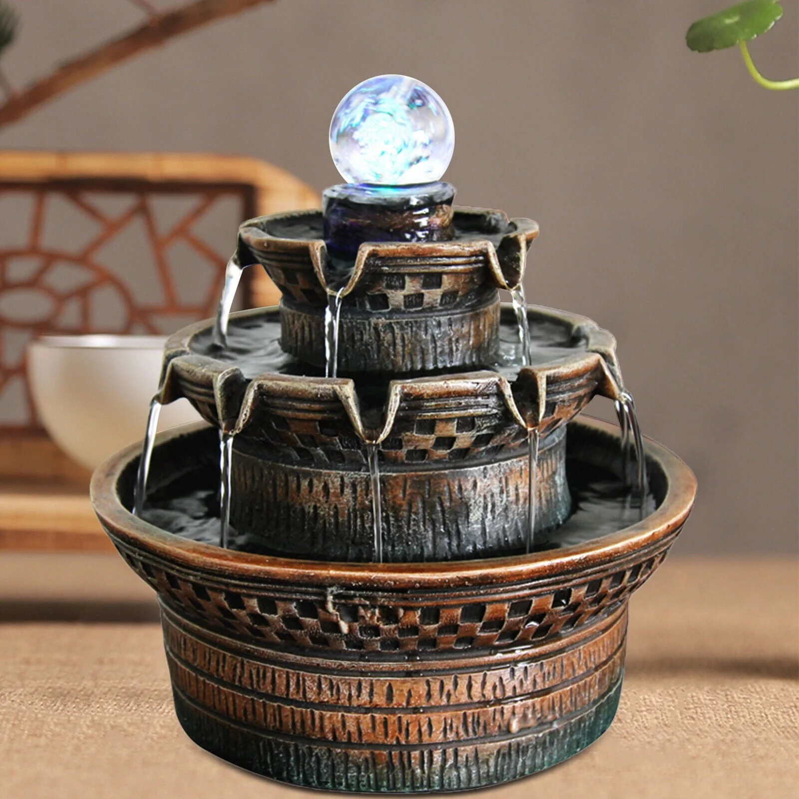3Tier Resin Indoor Tabletop Waterfall Feature Fountain Home Office Desktop Decor