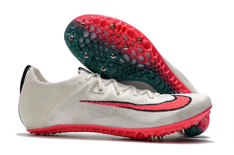 Fully knitted white and red sprint spikes