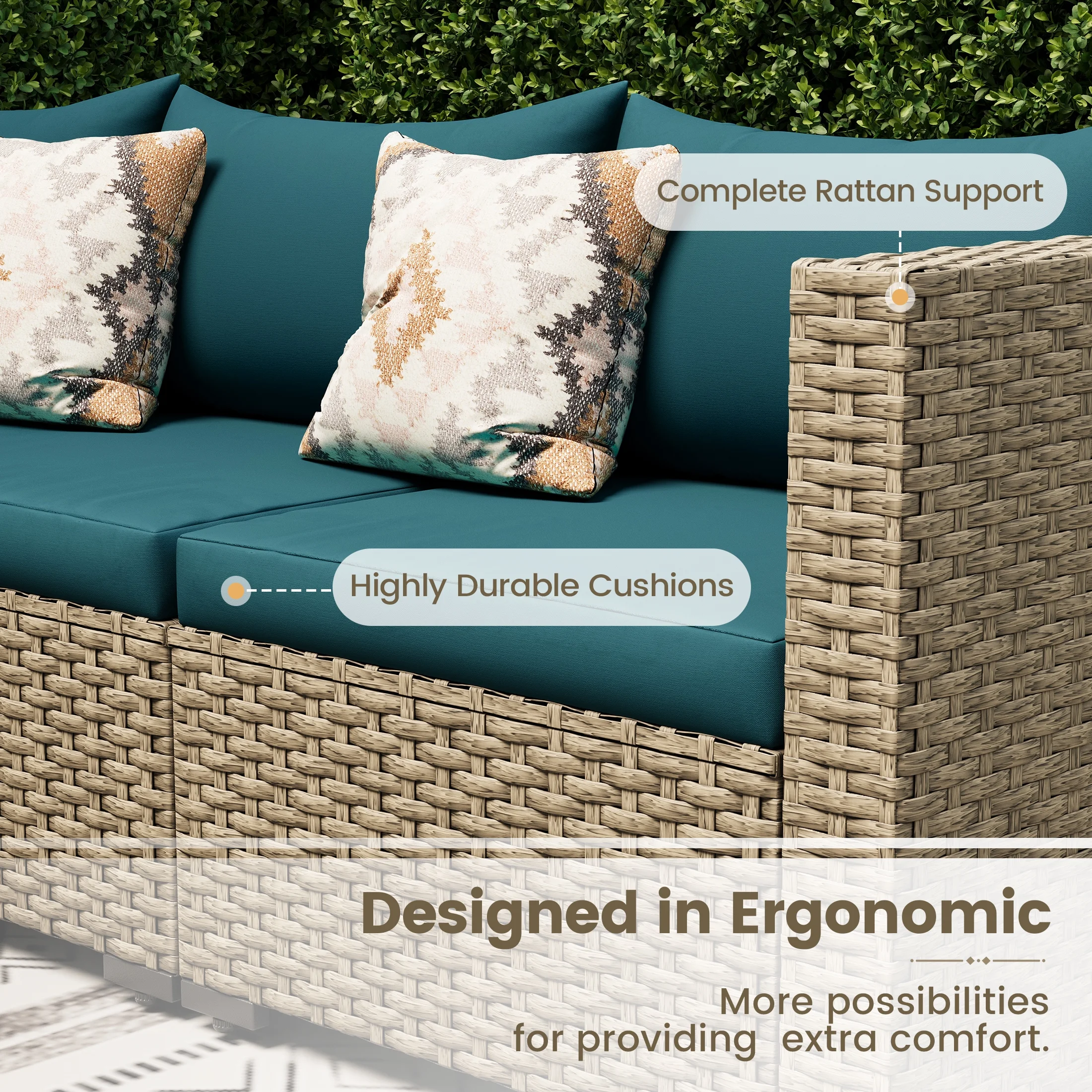 POTEBAN 7 Pieces Outdoor Patio Furniture Set, Grey Rattan Wicker Outdoor Conversation Sectional Sofa Set with Cushions for Backyard, Green