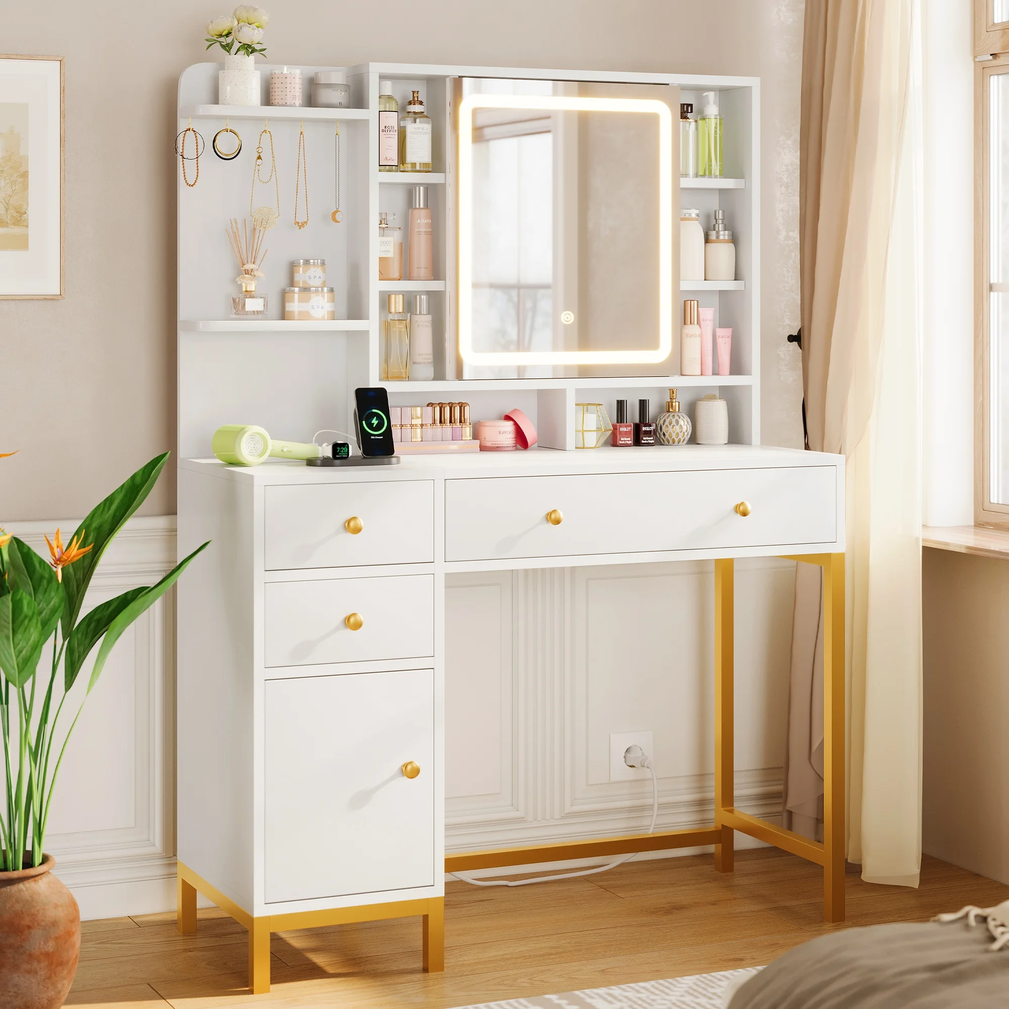 AOGLLATI Makeup Vanity with Lights in 3 Colors, White Vanity Desk with Mirror and Lights, Vanity Table with Charging Station, Makeup Desk with Visible Drawers, Hidden and Open Storage Shelves