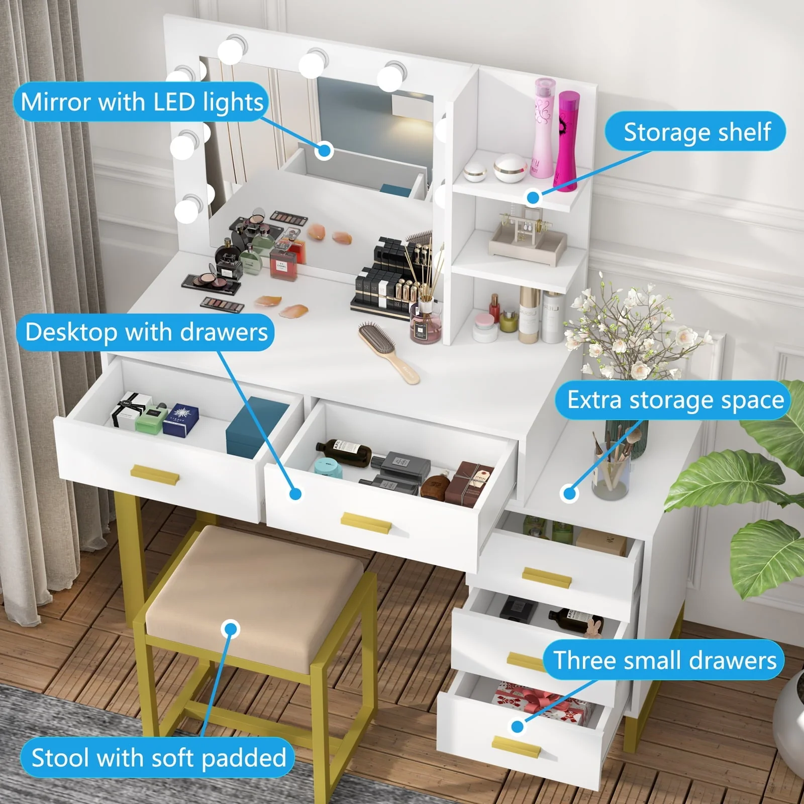 PAKASEPT Vanity Set with Lighted Mirror, Large Vanity Desk Makeup Vanity Dressing Table with 9 LED Lights, 5 Drawers, Storage Shelves&Cushioned Stool for Bedroom