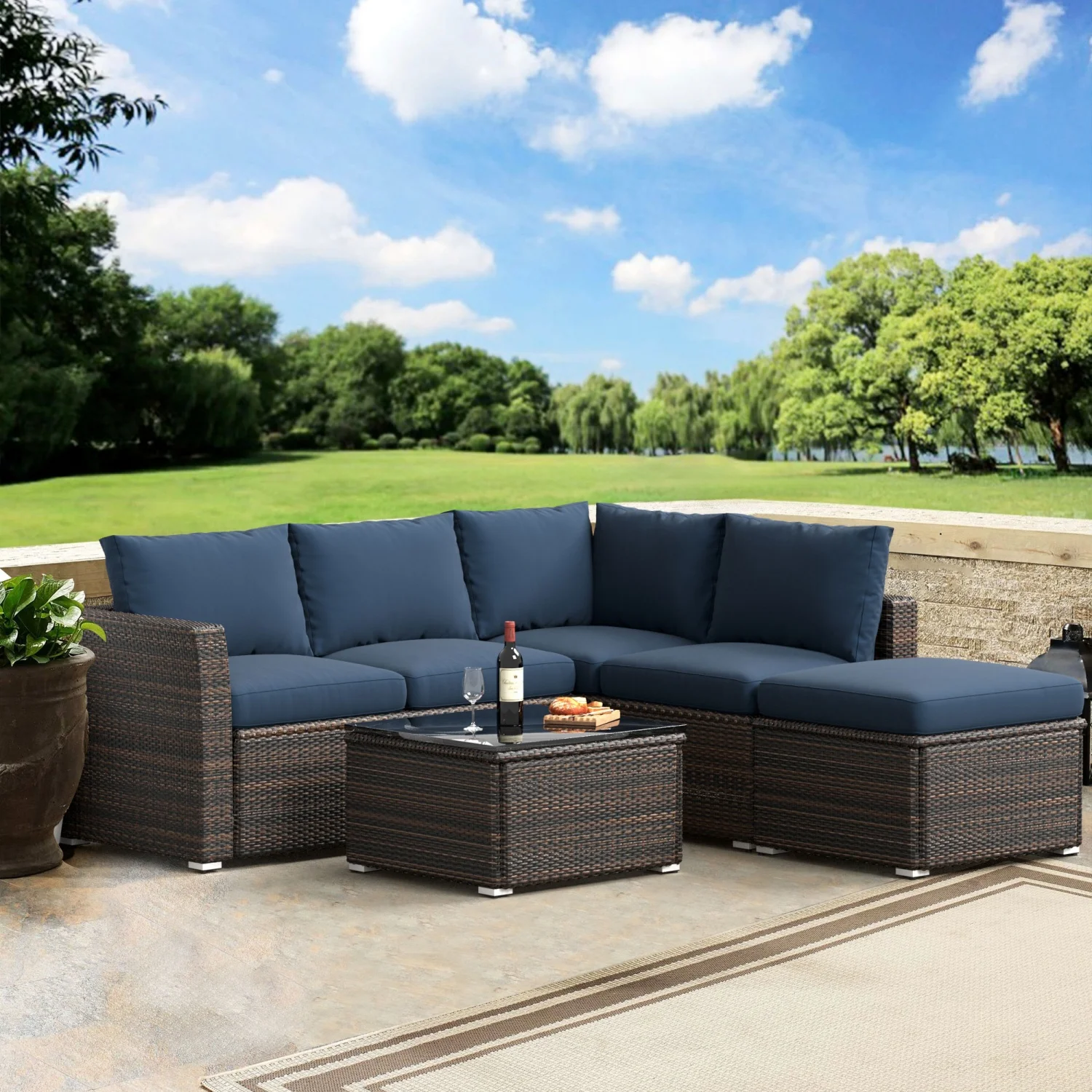 Highsound 4 Piece Outdoor Patio Furniture Sets, Wicker Conversation Set for Porch Deck, Gray Rattan Sofa Chair with Cushion, Blue