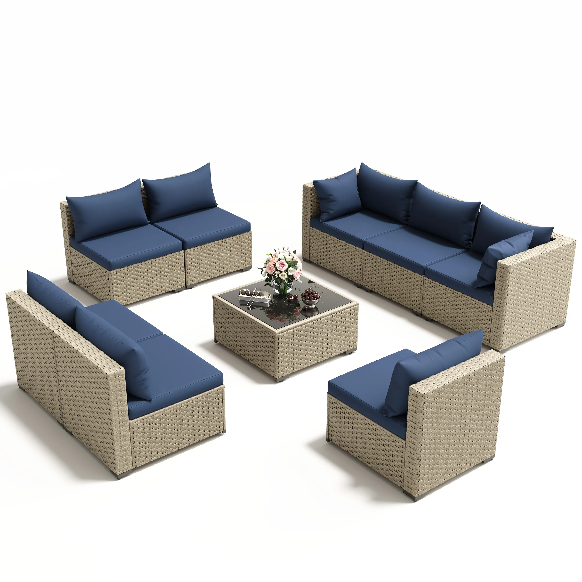 POTEBAN 7 Pieces Outdoor Patio Furniture Set, Grey Rattan Wicker Outdoor Conversation Sectional Sofa Set with Cushions for Backyard, Green