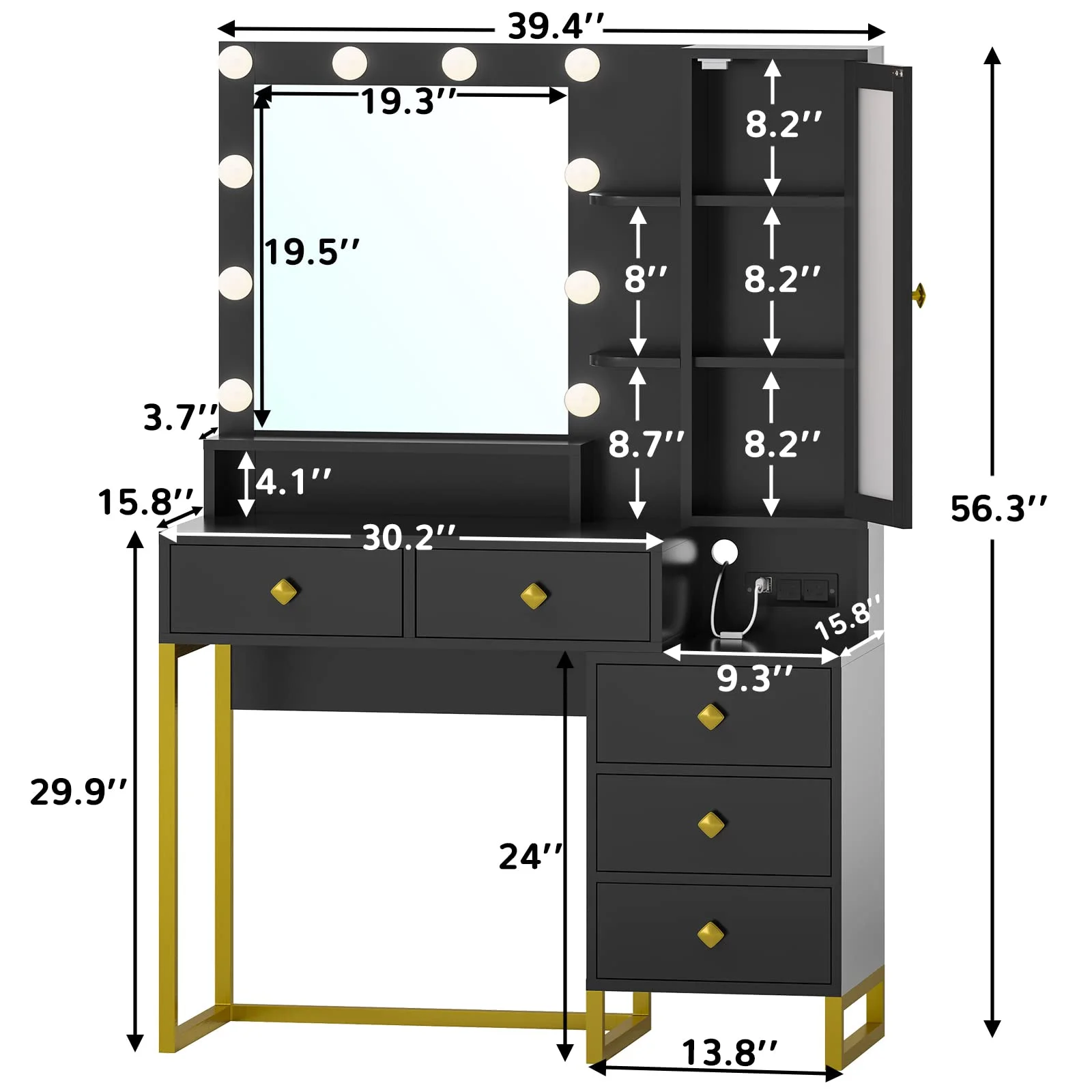 Vanity Desk with LED Lighted Mirror, Makeup Desk with 5 Storage Drawers & 6 Shelves, Vanity Table with Charging Station, Modern Dressing Table with 3 Color Lighting Options, White