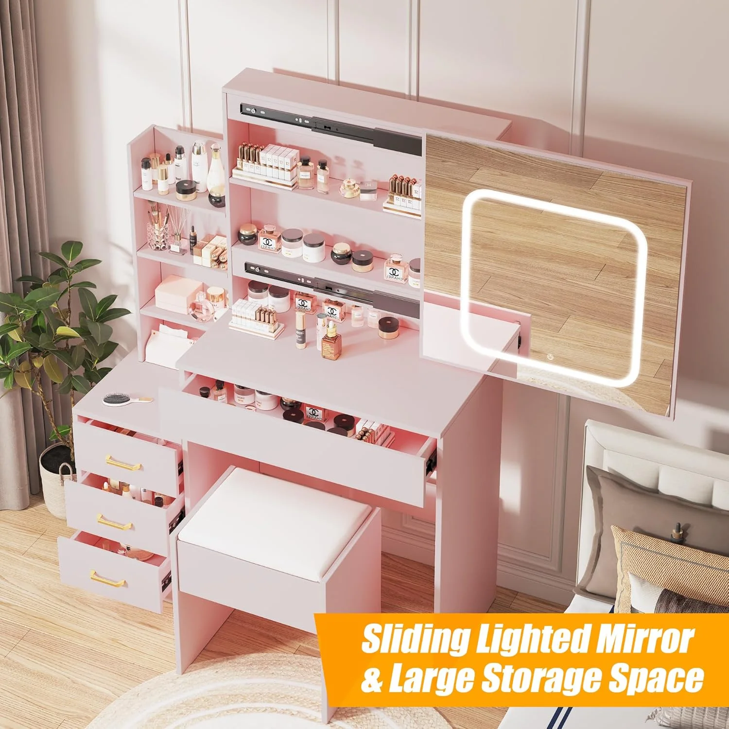 Vanity Desk with Sliding Mirror and Lights, Makeup Vanity Set with Power Outlet, 4 Drawers, Stool, Open Shelves, 3 Color Lighting Modes, Brightness Adjustable, Makeup Dressing Table for Bedroom