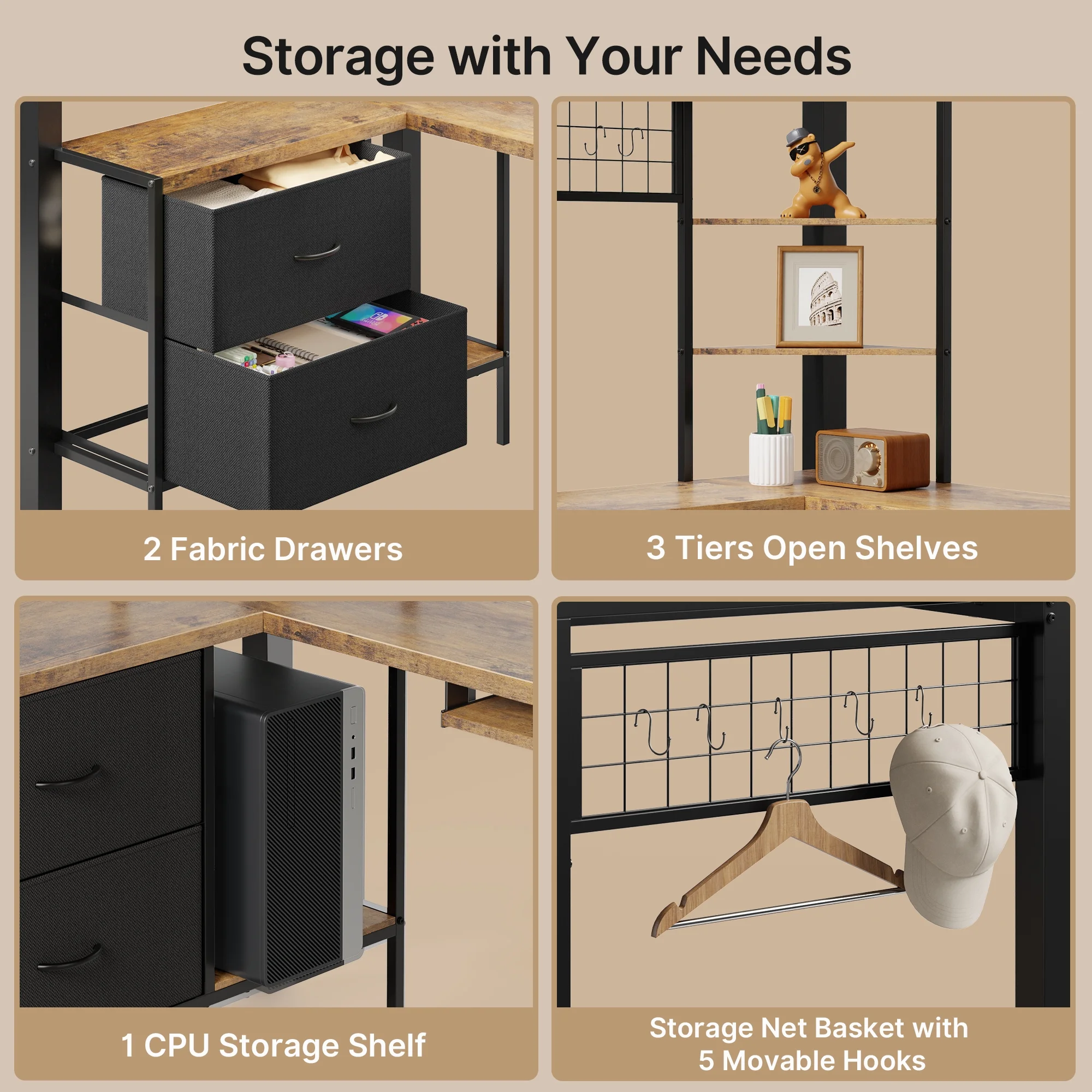 Loft Bed Frame with L-Shaped Writing Desk with Storage Drawers and Shelves, Lofka Twin Metal Bed with LED Lights and Charging Station, Retro Brown Board