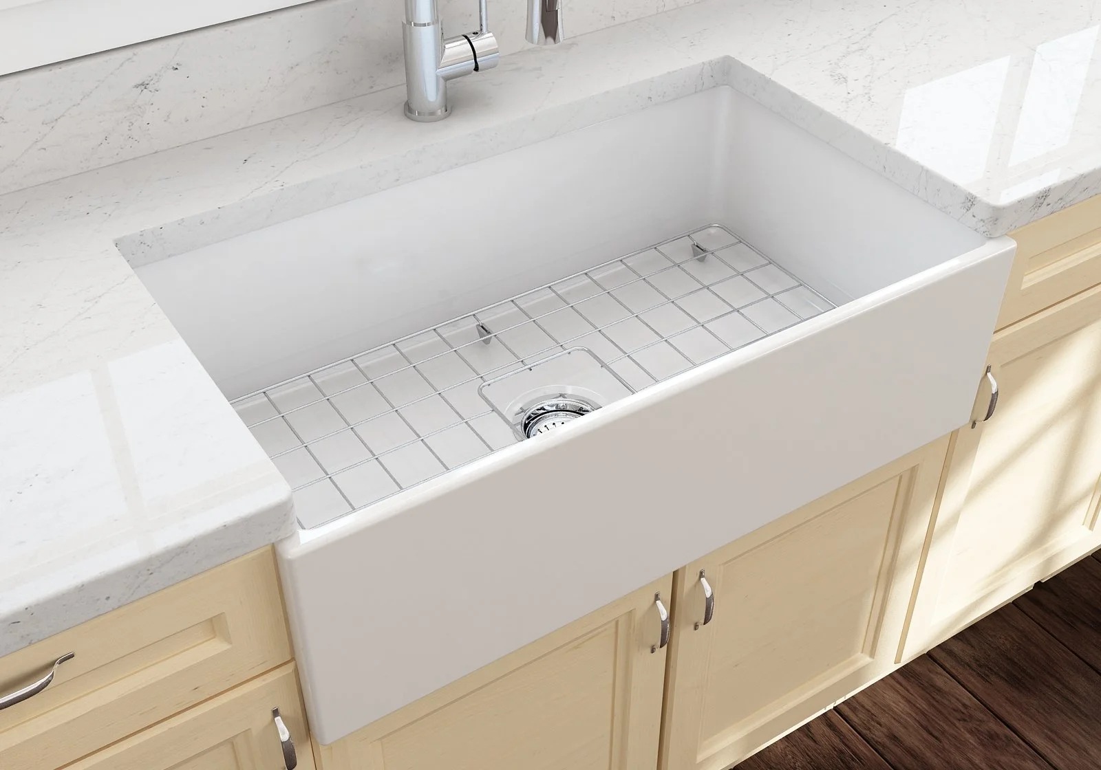 BOCCHI Contempo Apron Front Fireclay 33 in. Single Bowl Kitchen Sink with Protective Bottom Grid and Strainer in White