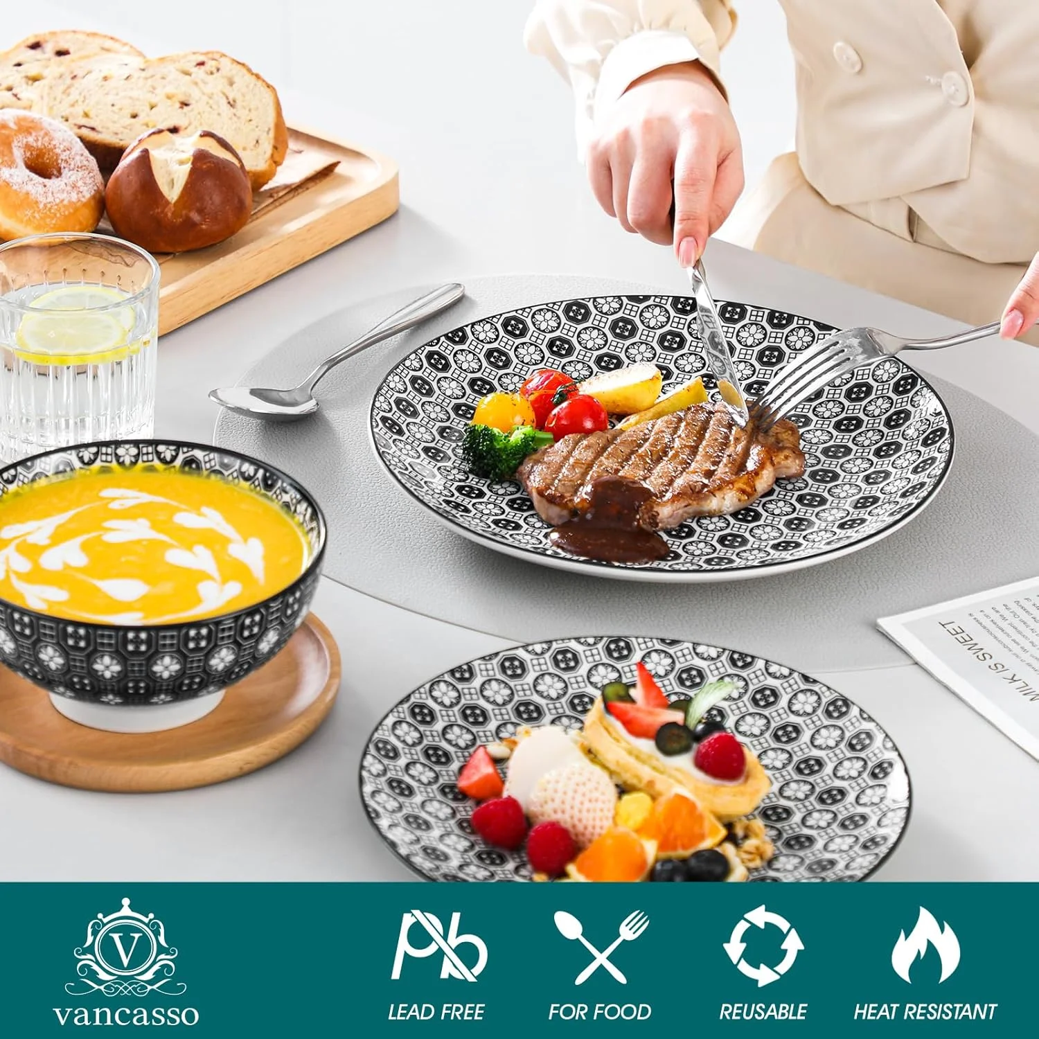 Mandala12 Pieces Dinnerware Sets, Porcelain Dinner Set for 4, Boho Plates and Bowls Set, Colorful Dish Sets