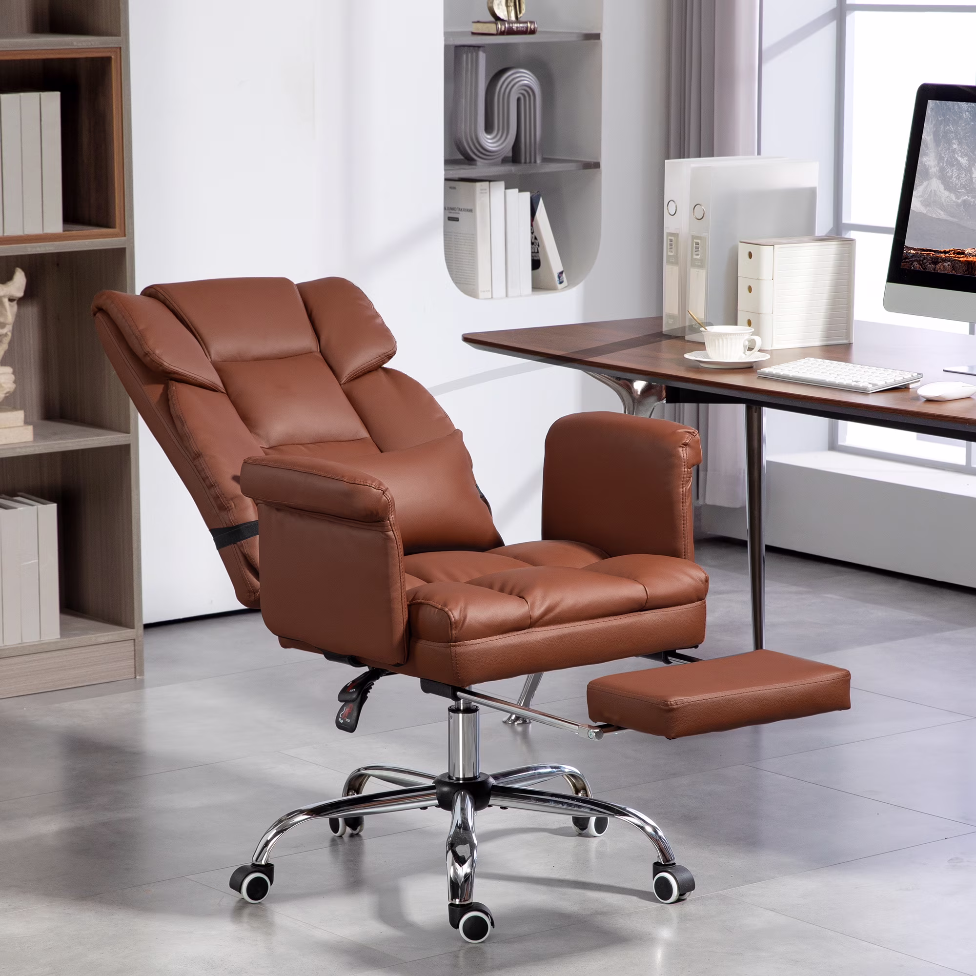 HOMCOM Executive Office Chair with Footrest and Lumbar Support, PU Leather Office Desk Chair, Ergonomic, Reclining and Swivel Chair, Black