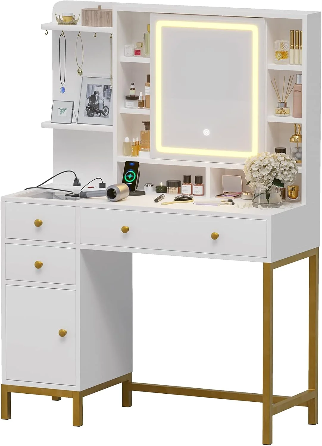 AOGLLATI Makeup Vanity with Lights in 3 Colors, White Vanity Desk with Mirror and Lights, Vanity Table with Charging Station, Makeup Desk with Visible Drawers, Hidden and Open Storage Shelves