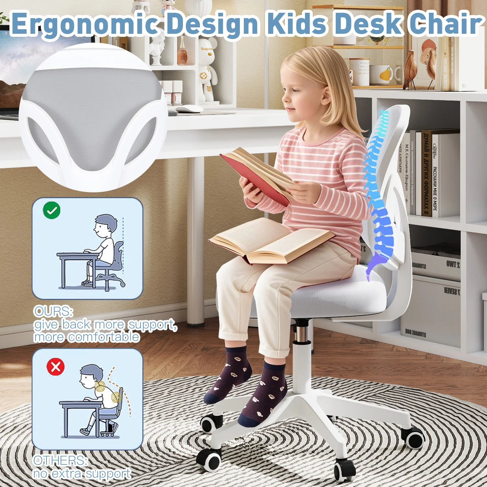Adjustable Height Ergonomic Kids Study Desk & Chair Set Children Students Drafting Table Home School with Shelf,Drawer(Gray)