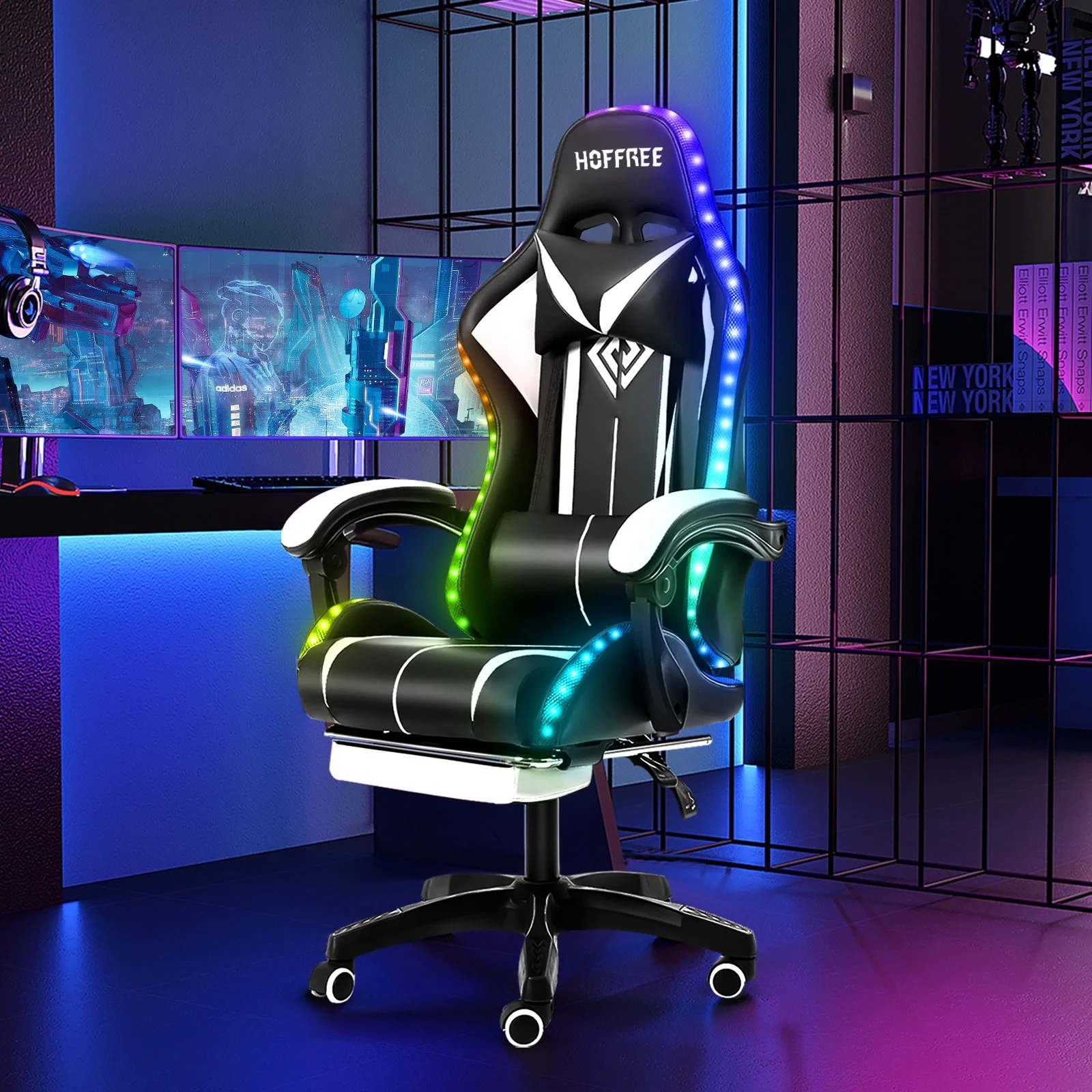 Hoffree Gaming Chair with Massage PU Leather Office Chair with Footrest and LED Light Ergonomic Gamer Chair Lumbar Support Adjustable Headrest High Back Computer Desk Chair for Home Office