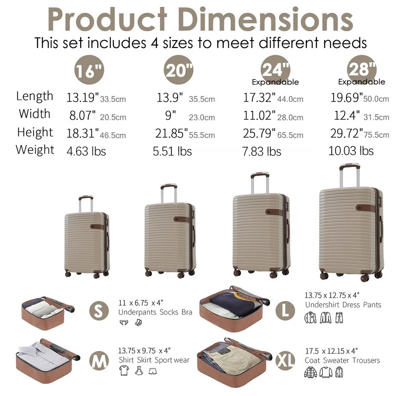EBQOSK 4PCS Carry On Expandable Luggage Set with 4 Packing Cubes, 16/24/26/28 Inch Three-layer ABS Composite Suitcases with TSA Lock & 360°Spinner Wheels for Family Travel, Expand 25% Space Brown