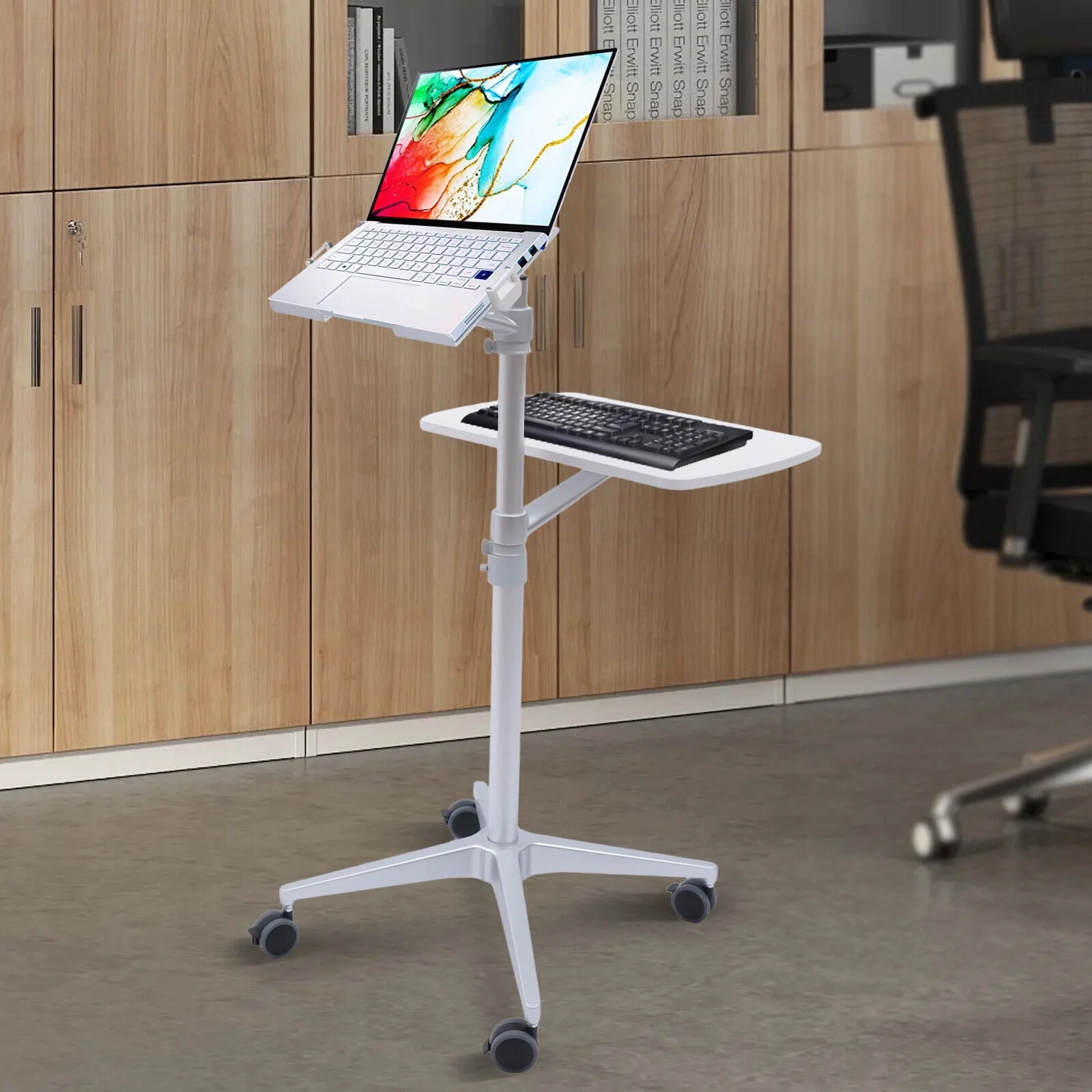 OUKANING Rolling Laptop Desk Lift Cart Mobile Monitors Computer Workstation