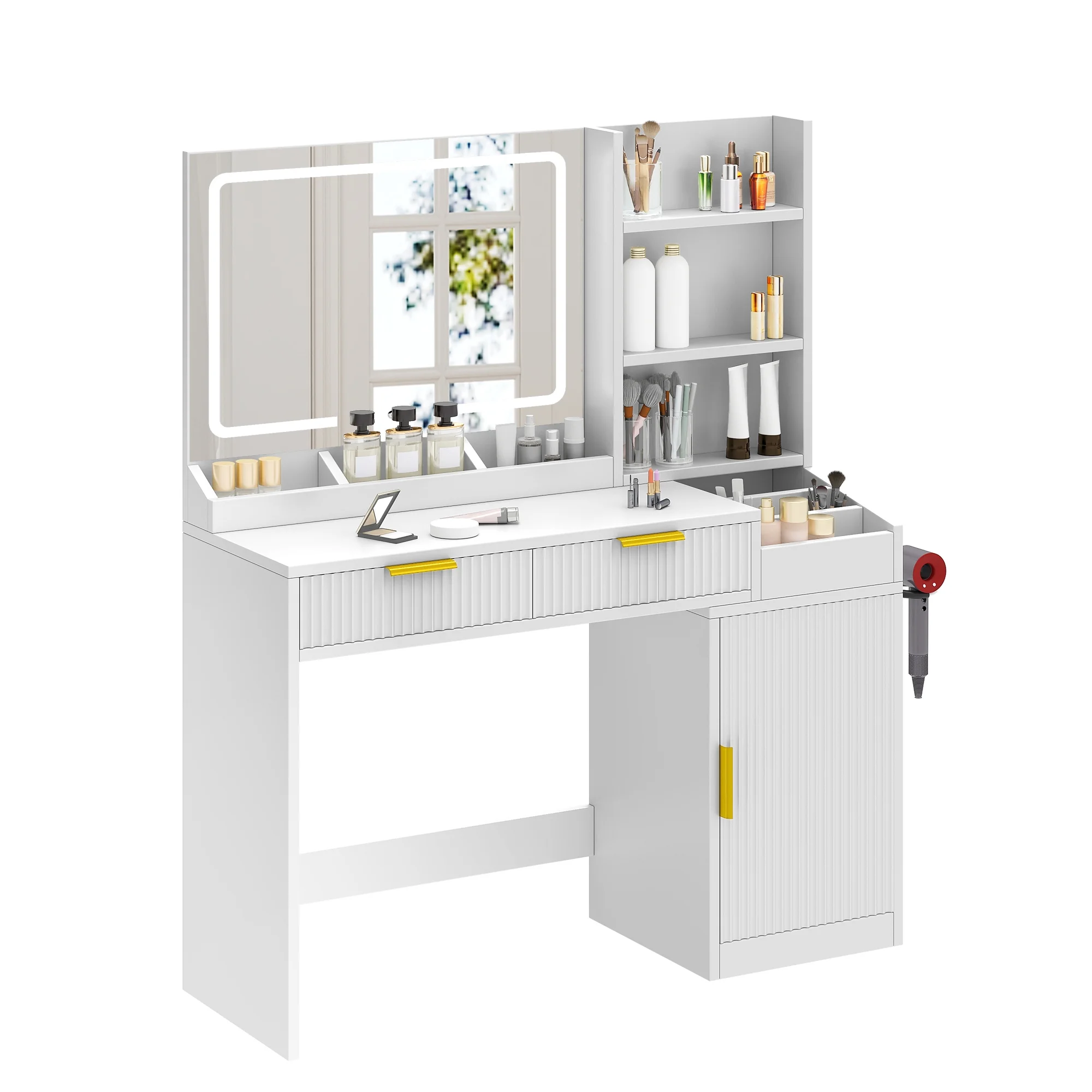 Craftian White Makeup Vanity Desk with Large Mirror and Lights, Dressing Table with 2 Storage Drawers & Power Outlets
