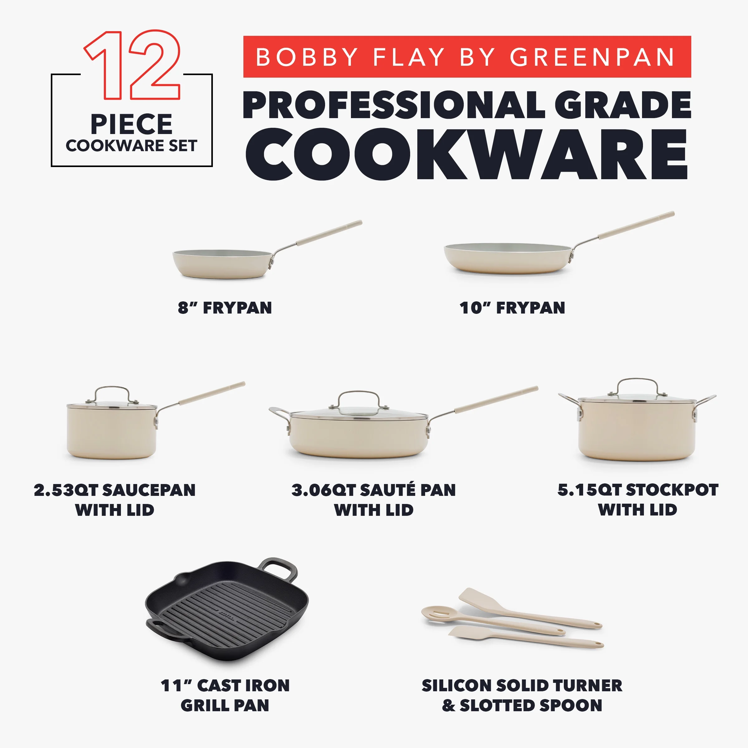 GreenPan Bobby Flay Aluminum Ceramic Nonstick 12 Piece Set, Cream White