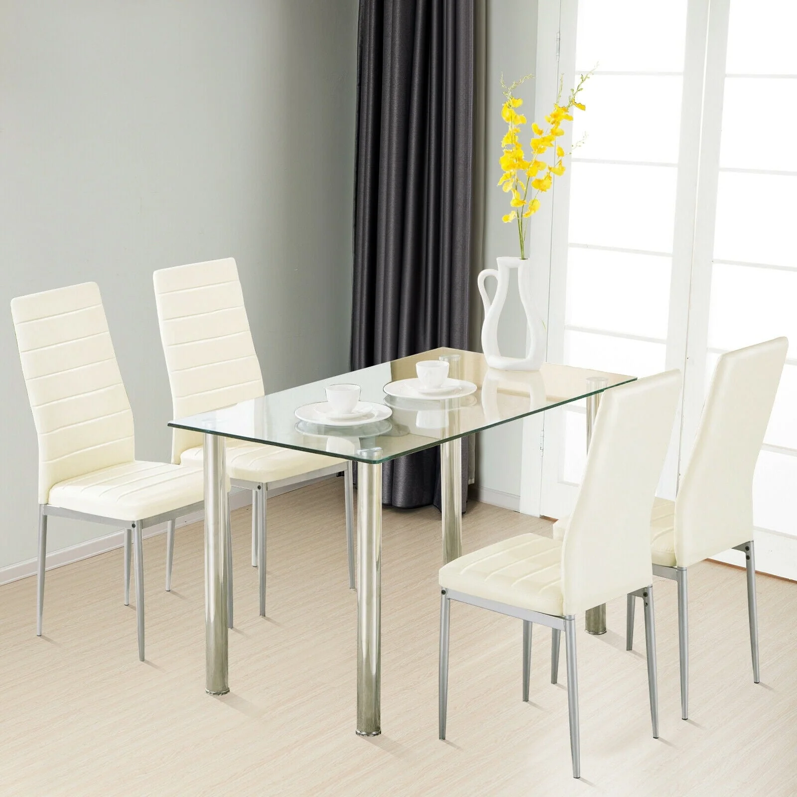 Ktaxon Dining Table set 5 Piece Dining Table Set Tempered Glass Top Dinette Sets with 4 PU Leather Chairs,Light White