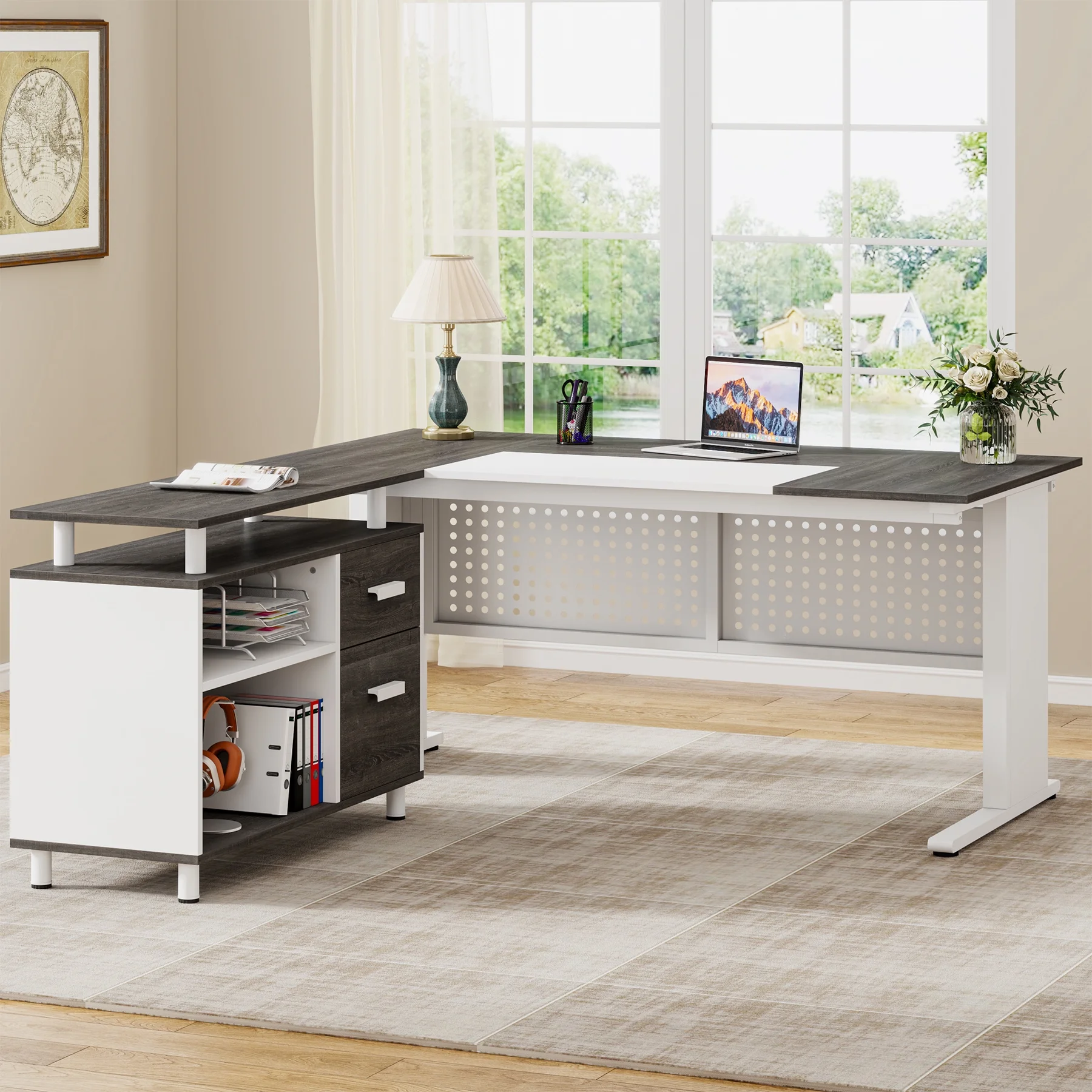 Tribesigns 63 Inch Executive Desk with File Cabinet, Large Office Desk L Shaped Computer Desk with Drawers and Storage Shelves, Business Furniture Desk Workstation for Home Office, Brown and Black