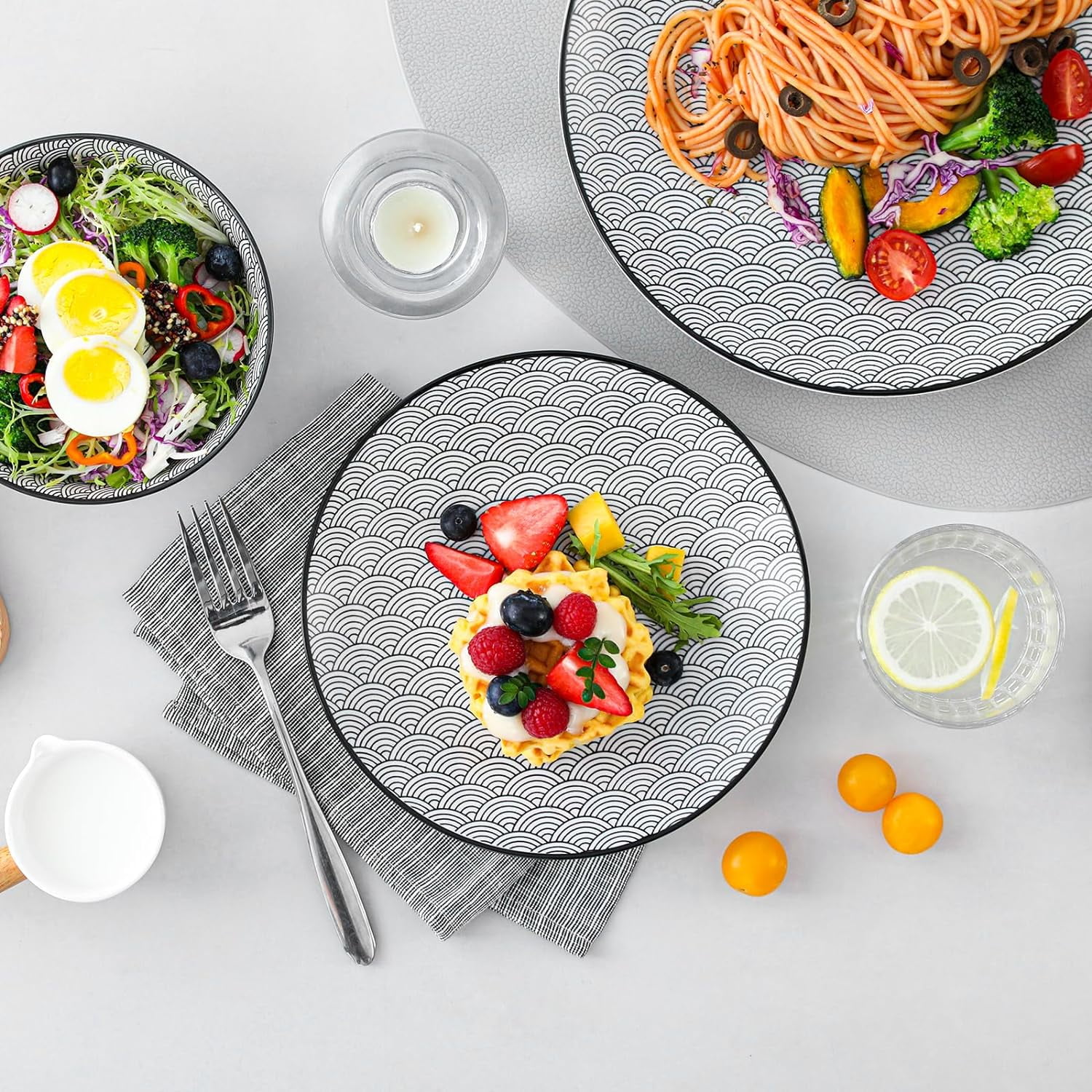 Mandala12 Pieces Dinnerware Sets, Porcelain Dinner Set for 4, Boho Plates and Bowls Set, Colorful Dish Sets