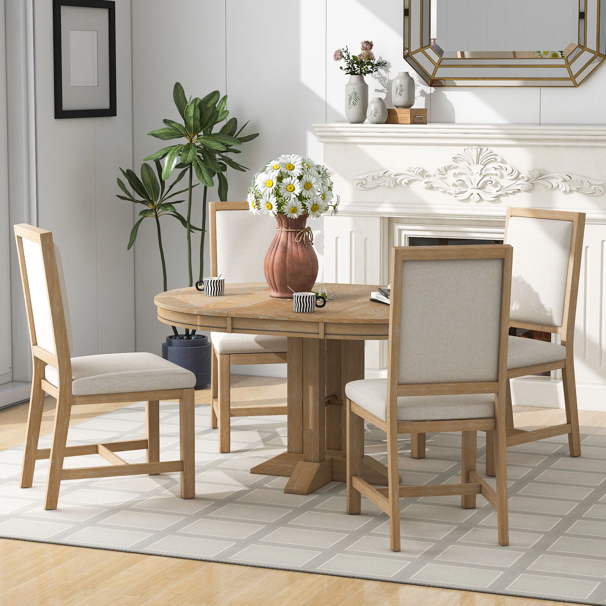 5 Piece Round Dining Table Set, Dining Room Set with Extendable Table and 4 Upholstered Chairs, Wood Dining Table Set for 4, Farmhouse Dining Table Set for Kitchen Dining Room Dorm Apartment, Brown