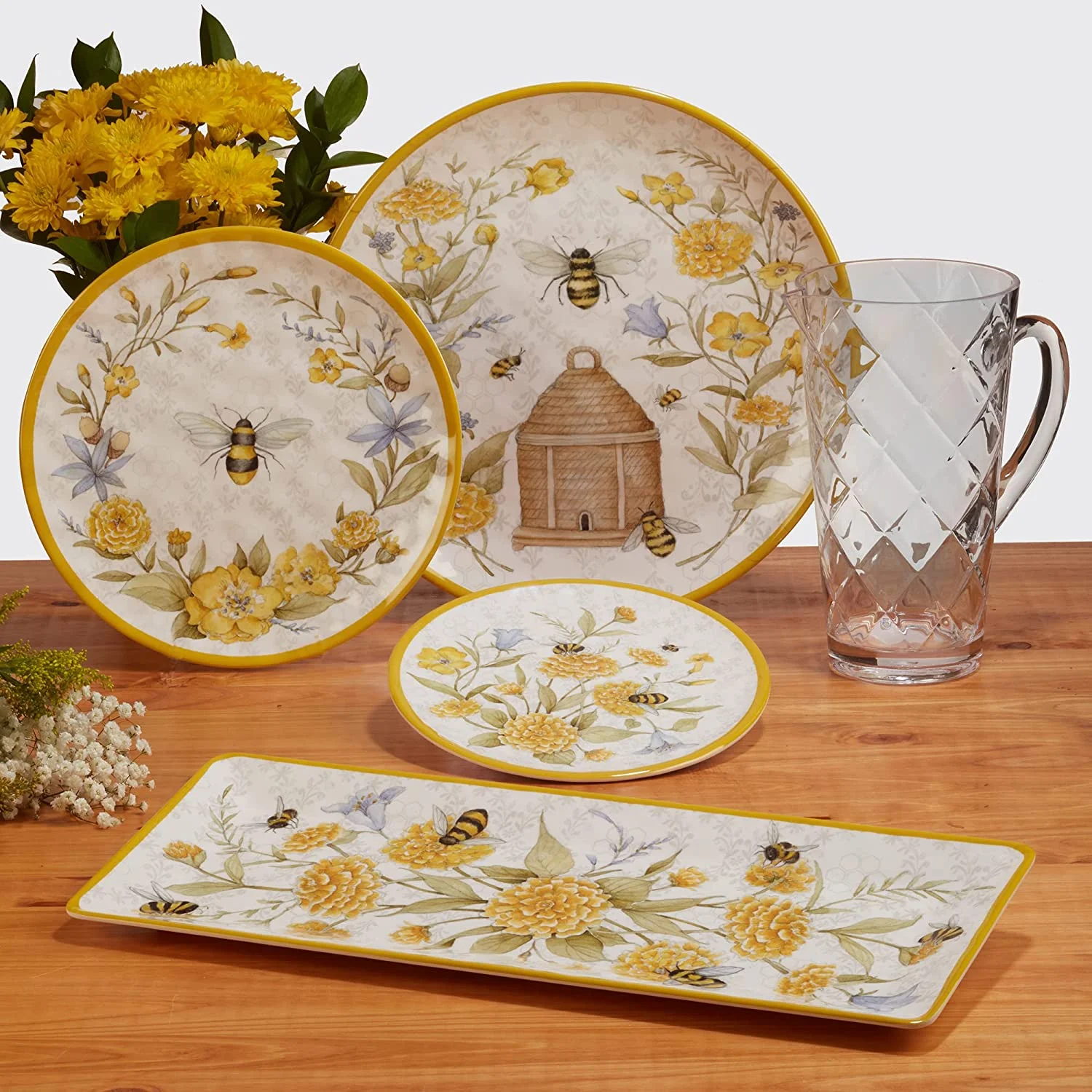 & Floral 12-Piece Melamine Dinnerware Set for 4,  Shatterproof Outdoor Tableware