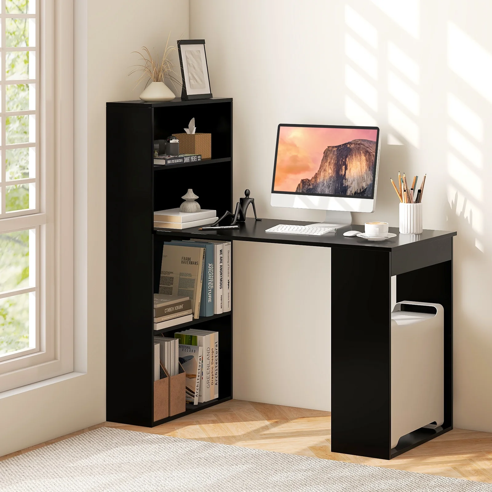 Costway Computer Desk Writing  Workstation Office 6-Tier Storage Shelves Natural