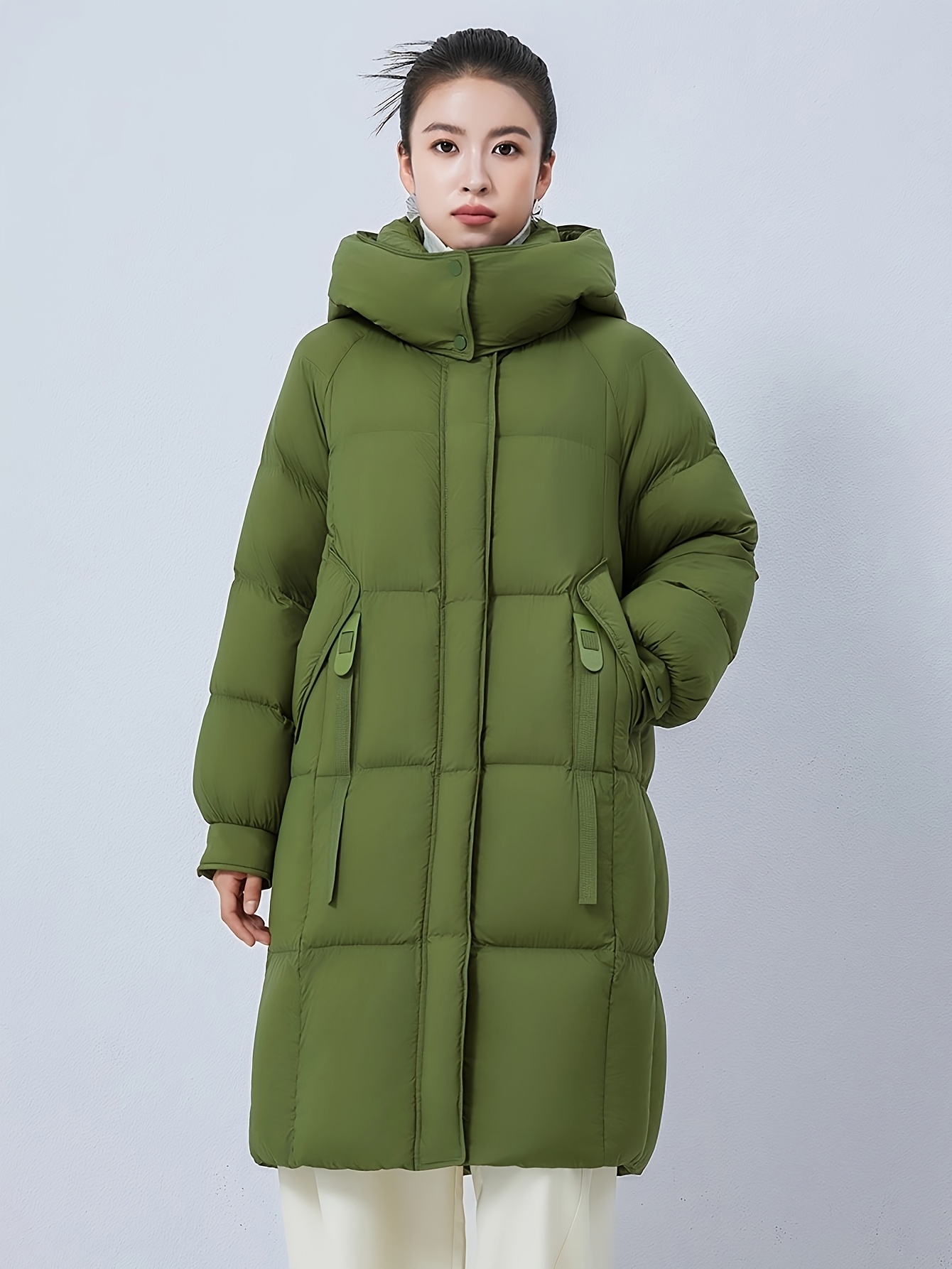 Women’s Mid-Length Winter Down Coat with Detachable Hood, Casual Solid Color Long Sleeve Polyester Down Jacket