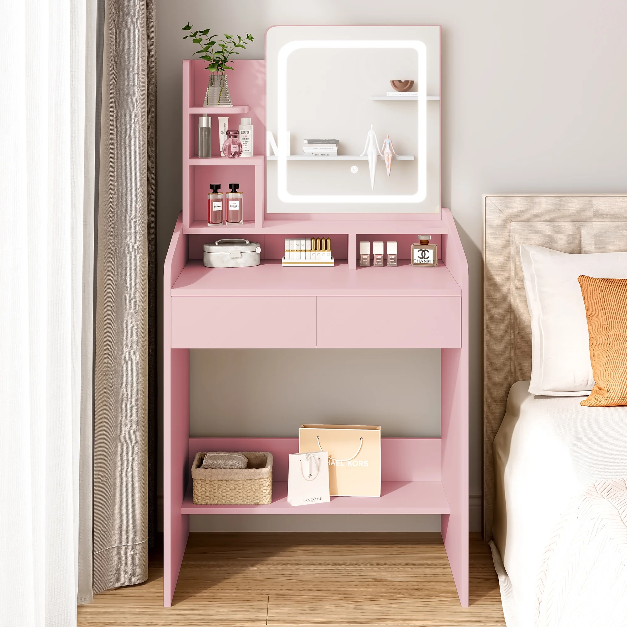 LIVELYGLOW Vanity Desk Set with Square Mirror and Light- Small Vanity Table with Drawers- White