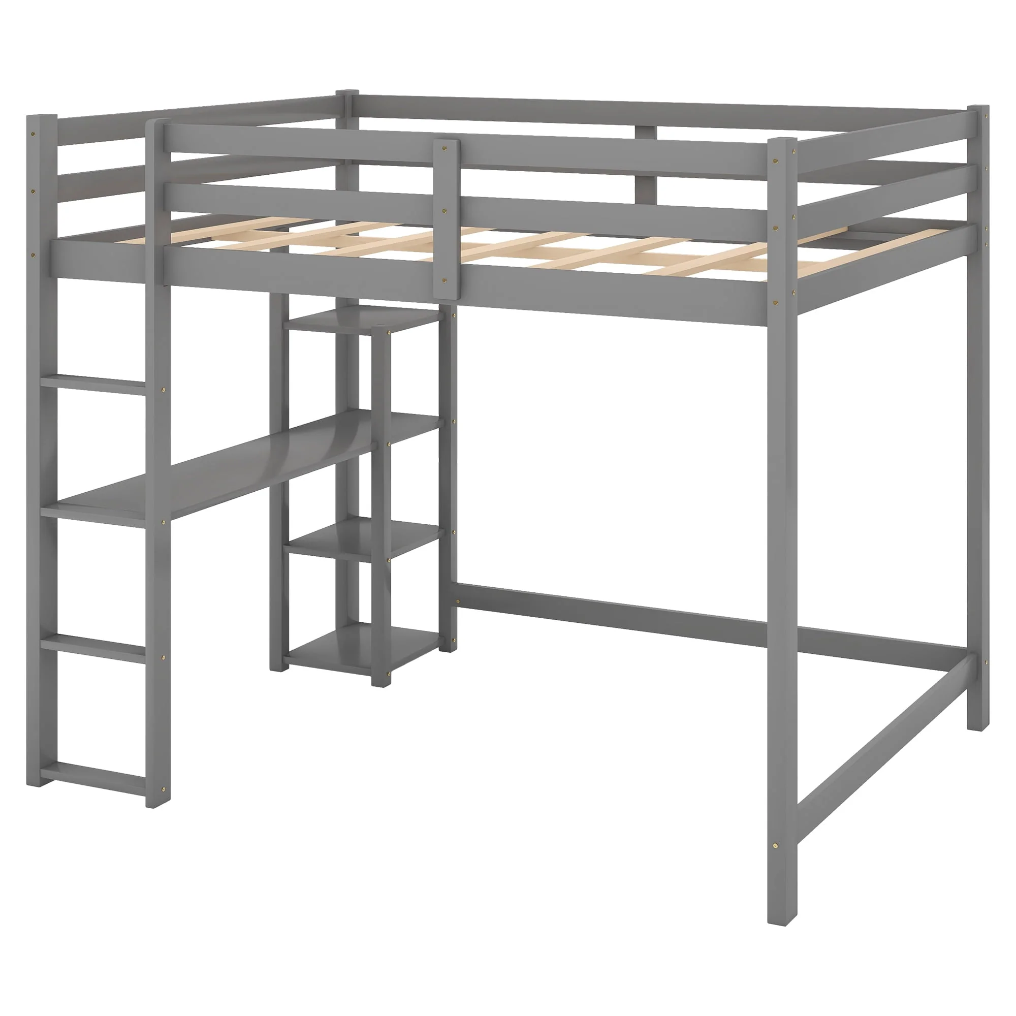 Euroco Full Size Loft Bed with Built-in Desk and Shelves, Gray