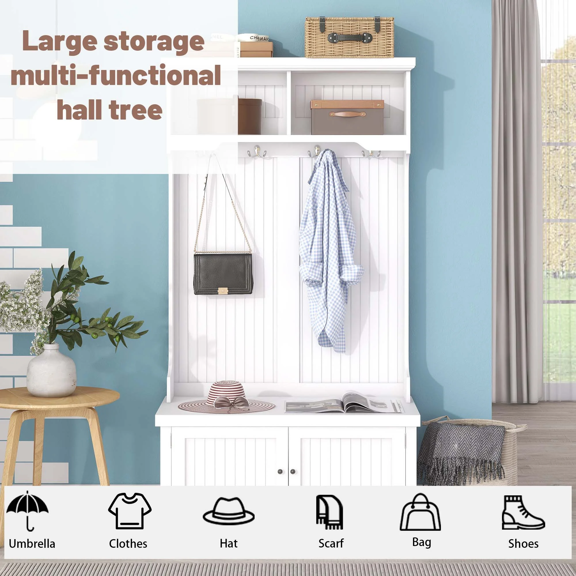 Bellemave Modern Hall Tree with Storage Shelves and 4 Hooks All in One Entryway Wooden Coat Rack with Shoes Storage Bench, 4-in-1 Hall Tree for Hallway and Living Room, White