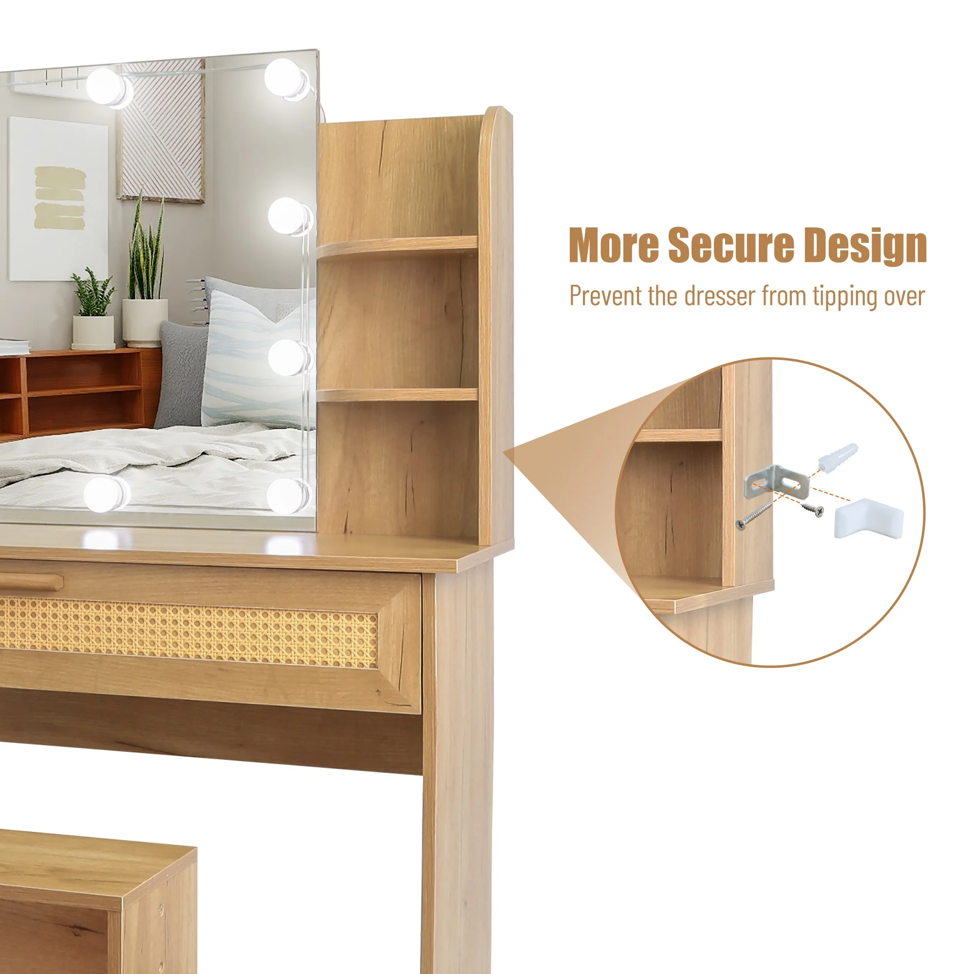 Resenkos Vanity Desk Set with Mirror and Lights for Makeup, 5 Drawers Storage Dresser for Bedroom, White