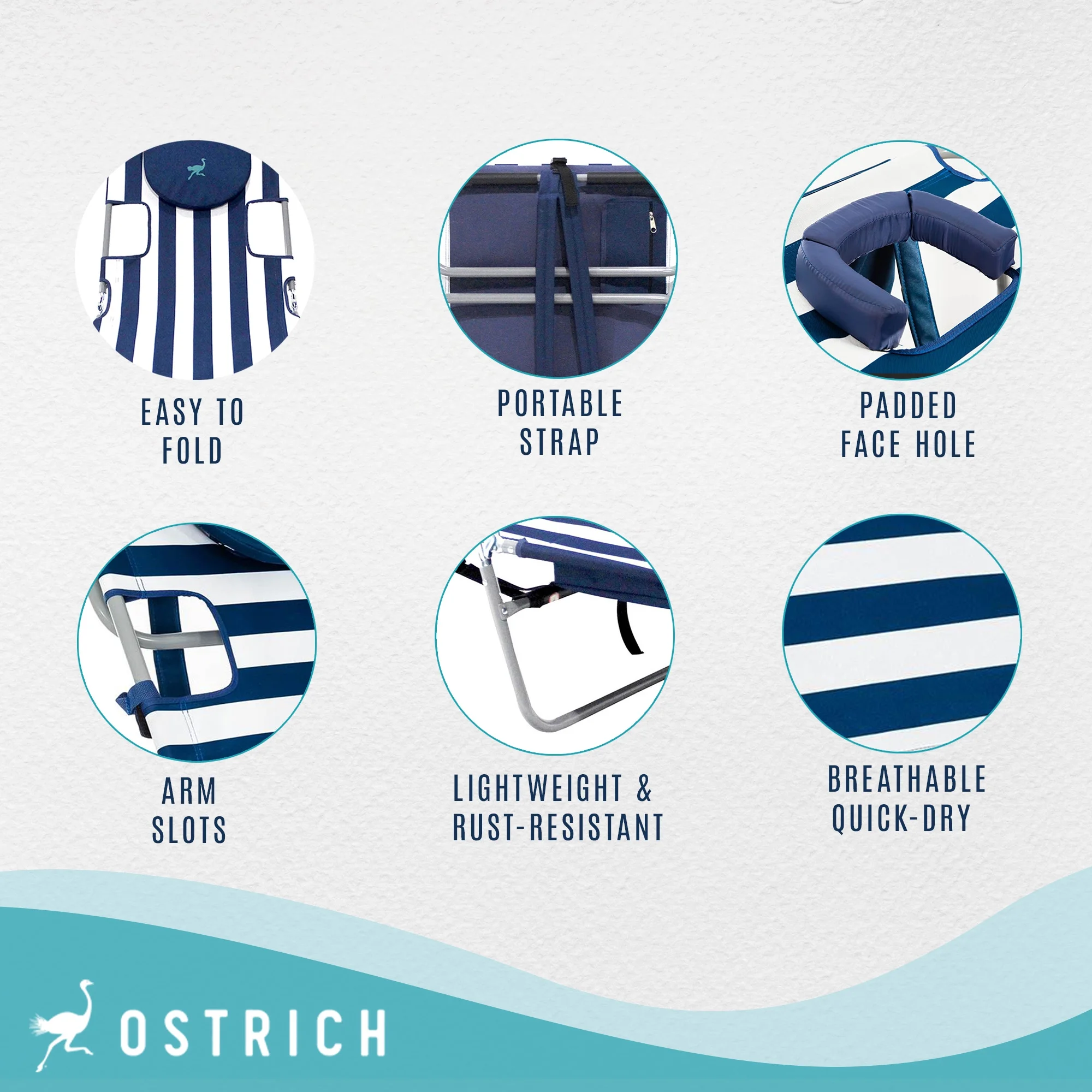 Ostrich Backpack Chaise Beach Chair and On-Your-Back Chair, Striped Blue