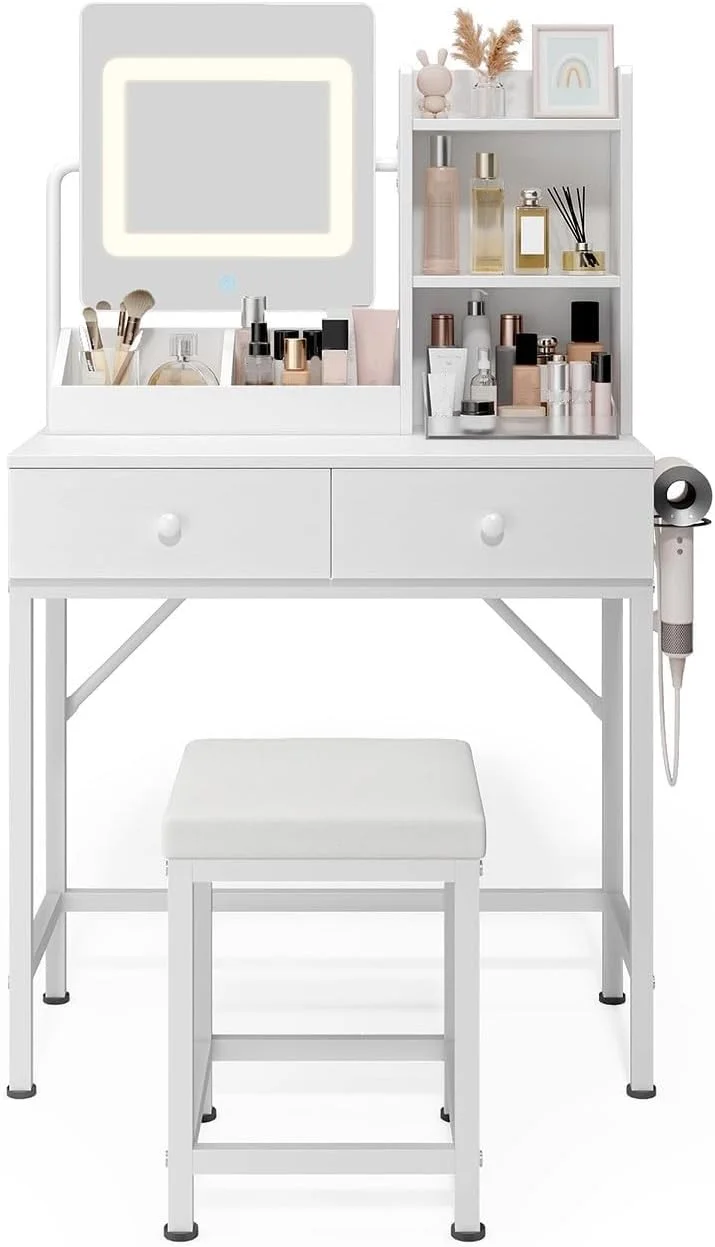 Makeup Vanity Desk with Mirror and Lights, 43.5�� Vanity Table with 5 Drawers & Storage Shelves, White